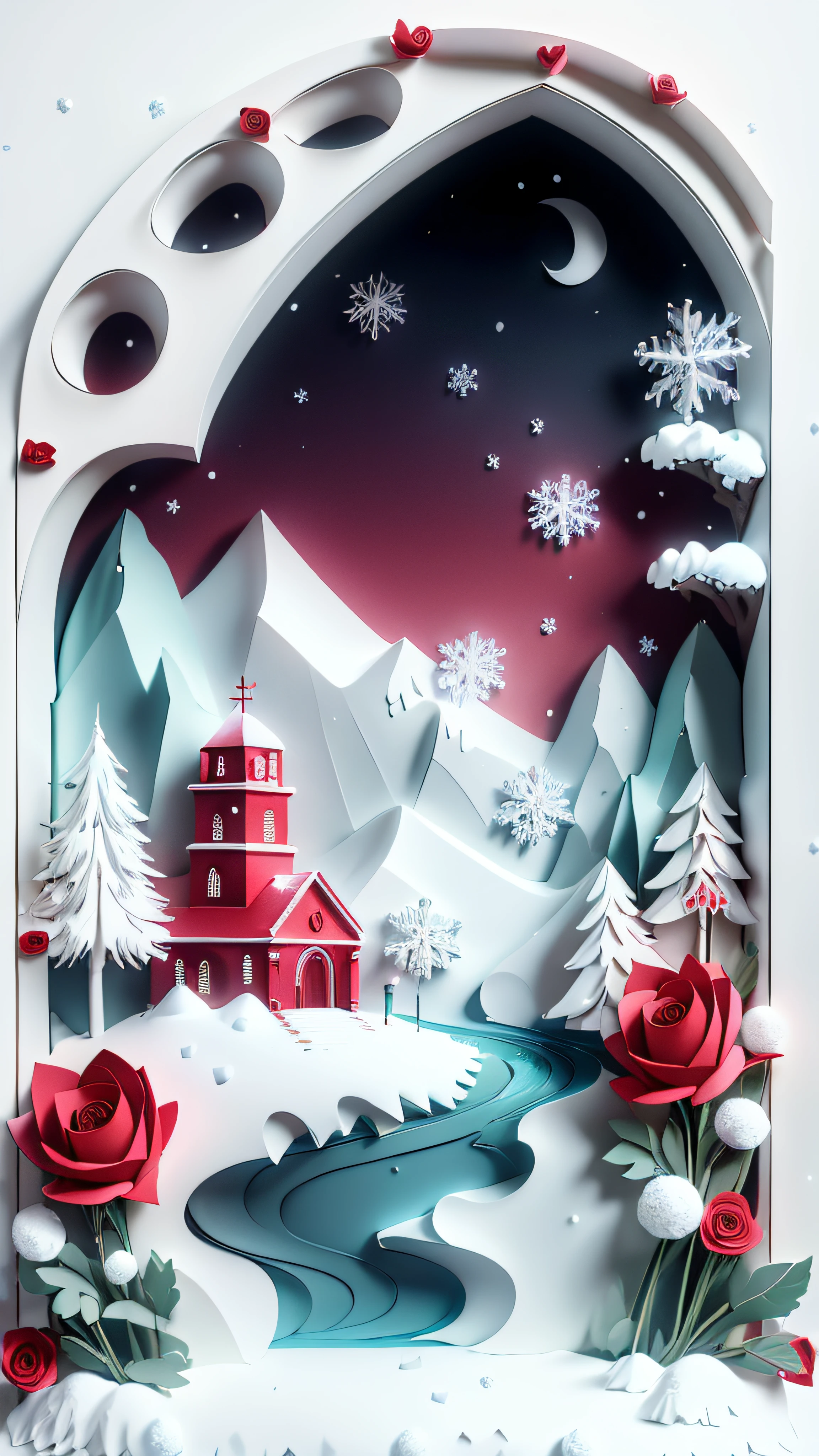 A heart-shaped arch，It has roses and snow on it，Located in the middle of the snowy landscape，There is a small road，Felipe Seade，Winters，a digital rendering，romanticism lain， Paper_cut