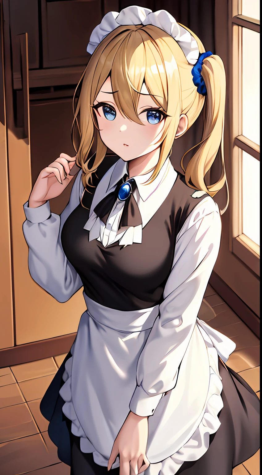 masterpeace, best quality, highres, 1girl, hayasaka ai, solo, blonde hair, maid, blue eyes, side ponytail, hair scrunchie, hair ornament, blue scrunchie, maid headdress, apron, hair between eyes, breasts, long sleeves, bangs, white shirt, black dress, sidelocks, maid apron, black pantyhose,  :i, cleaning, room,