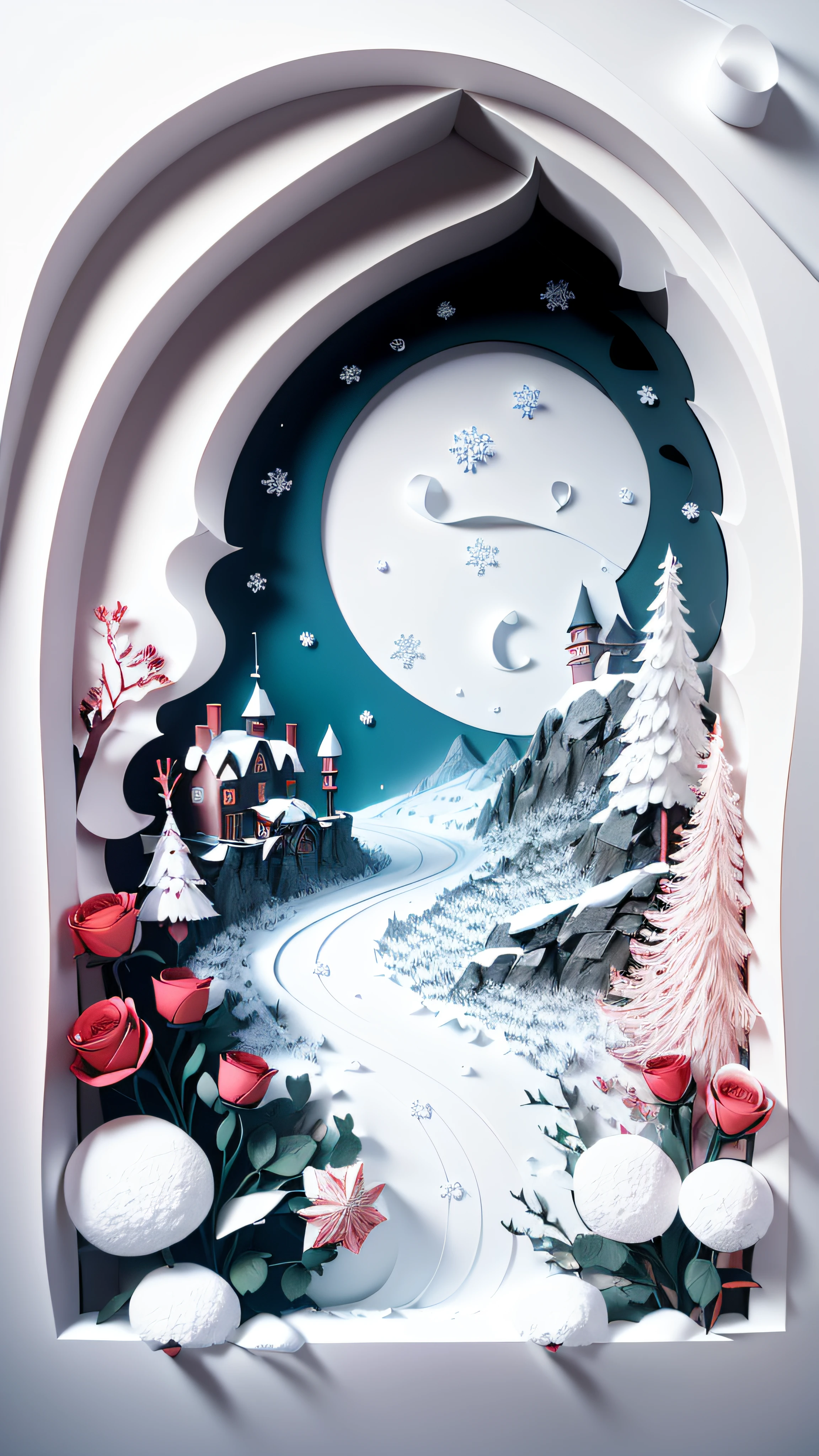 A heart-shaped arch，It has roses and snow on it，Located in the middle of the snowy landscape，There is a small road，Felipe Seade，Winters，a digital rendering，romanticism lain， Paper_cut