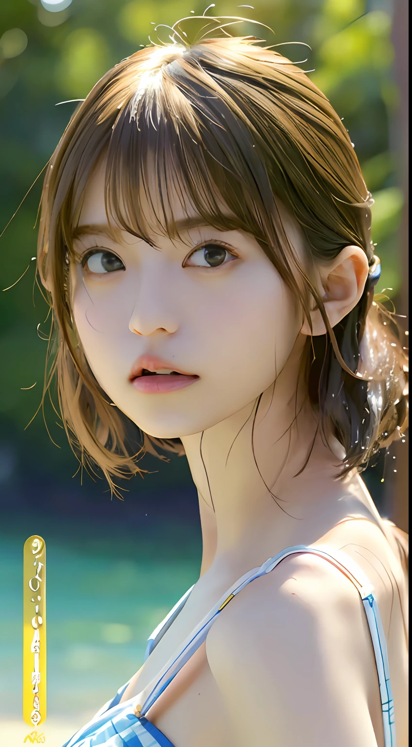 (Best Quality, 8k, 32k, Masterpiece, UHD:1.2), Cute Japan Woman Pictures, 1 Girl, (Big Tits), (Tall Women), (Abs), (Lips), Closed Mouth, (Medium Short Golden Hair), Double Eyelids, Wet Skin, T-Back, Realistic Rays, Beach Nude