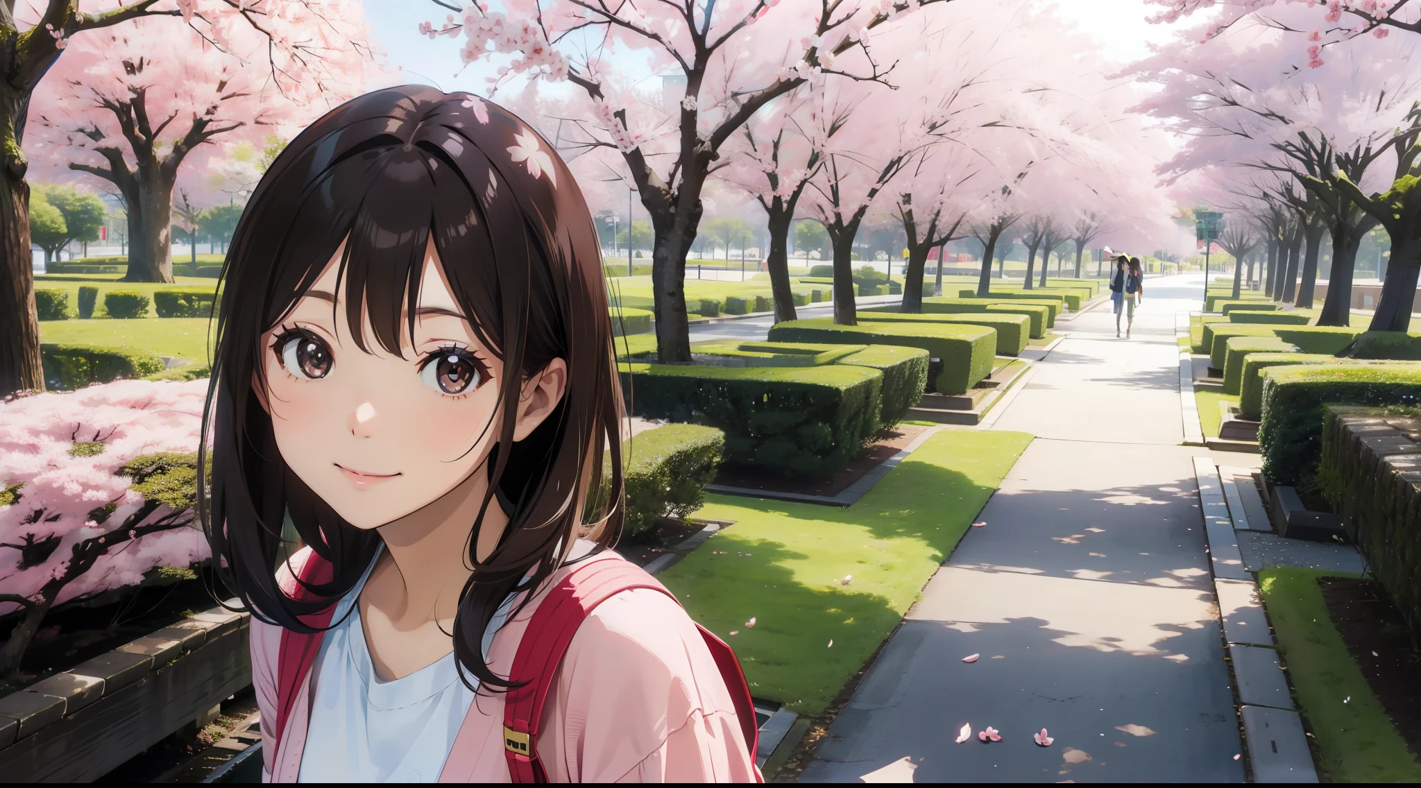 City, day, maruyama park, cherry blossom festival, womman, Beauty, Smile, mature, Casual, up looking, tilted face, Wide lens, hdr