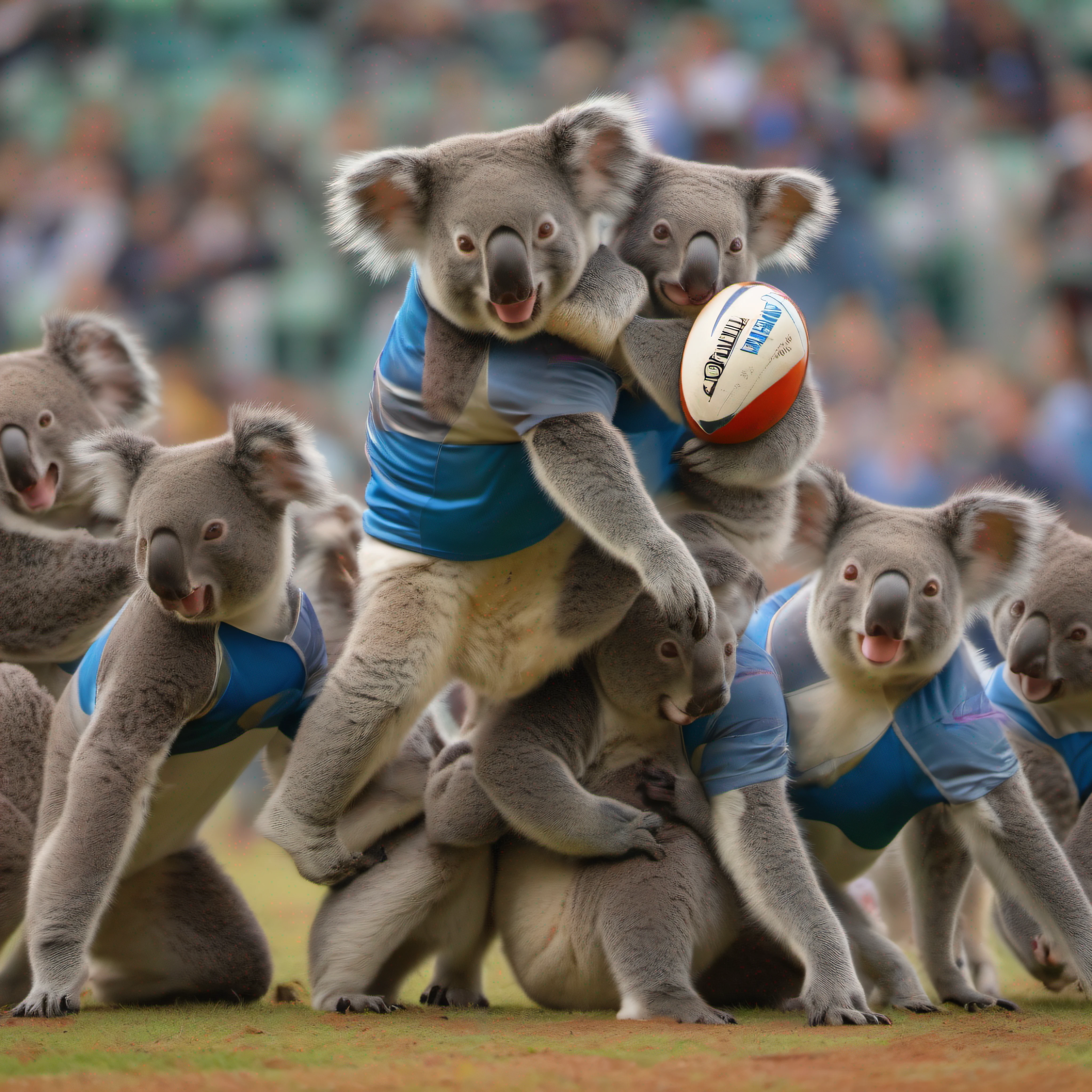 A group of lively koalas, Filled with competitive spirit, Take part in a thrilling rugby match in a stadium
