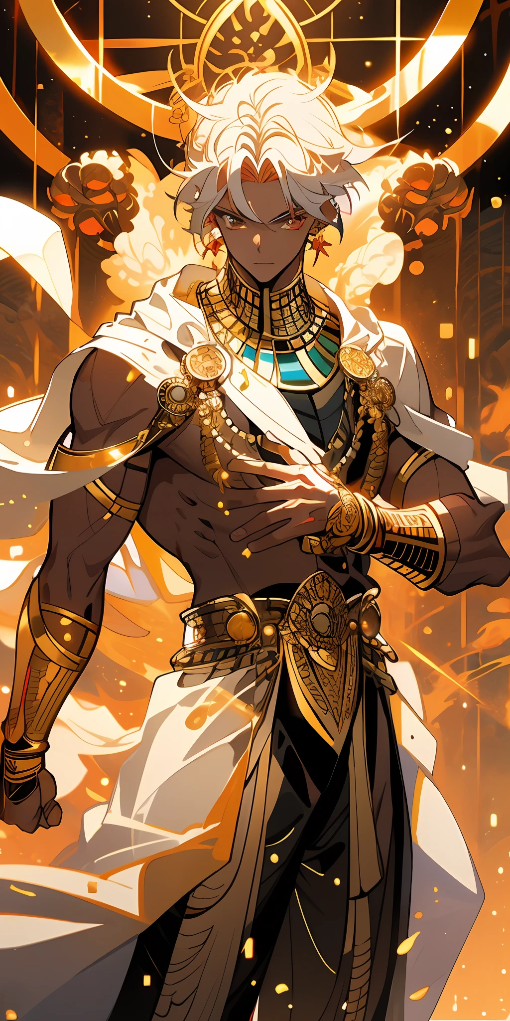 Refined face,(tmasterpiece,top Quority,best qualtiy,offcial art,),best qualtiy,PIXIV,(1boy:1.3),Kamimei,golden hair,(luminous red eyes),mistic,Handsome man,((egyptian style)),gold ornaments,bandagens,pharoah,long white robe,Golden scepter in hand,chest muscle,Loincloth,Full body like
