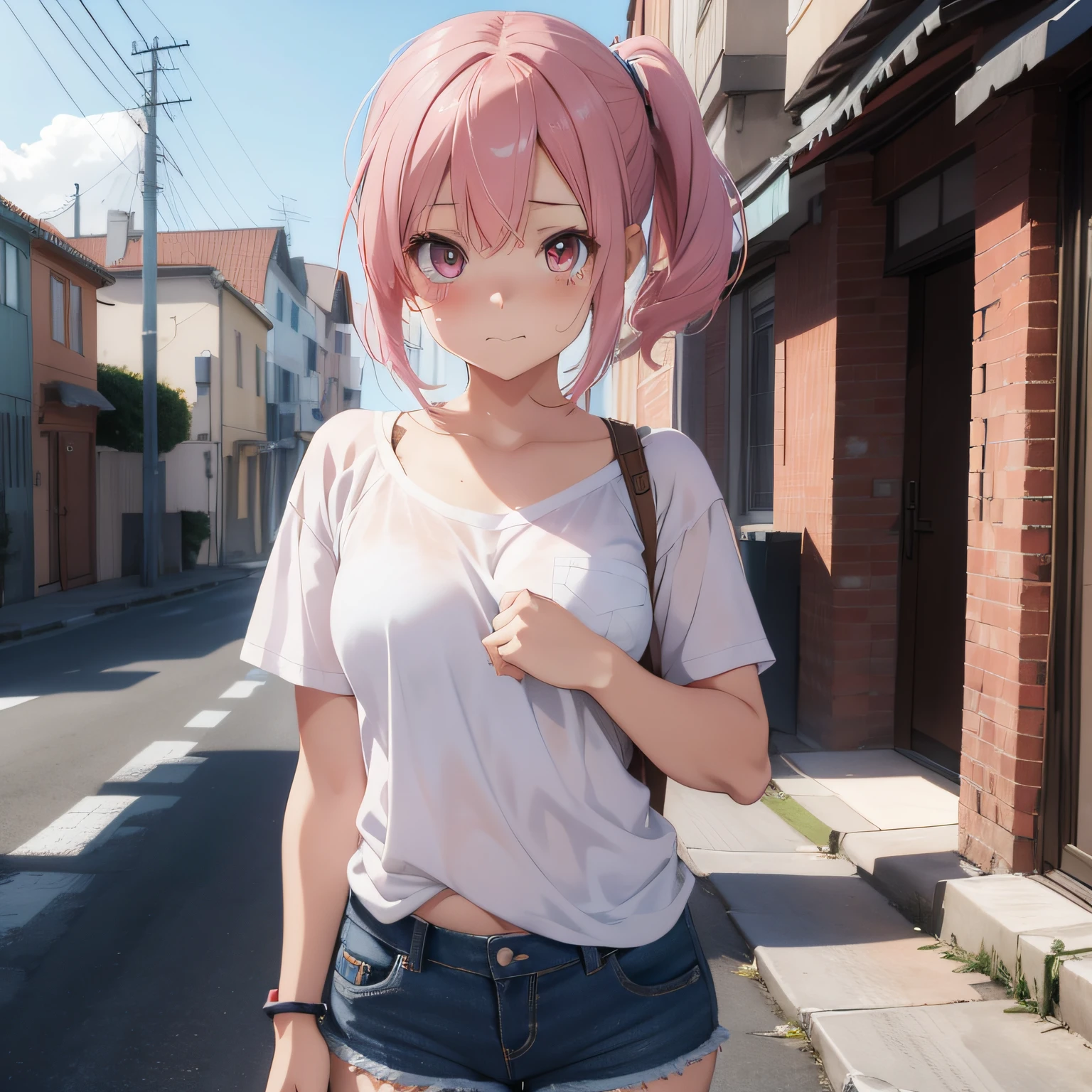 Anime girl with short hair and jeans shorts posing for camera, Kantai Collection Style, anime moe art style, Casual pose, High quality anime art style, Anime style. 8K, photorealistic anime girl render, made with anime painter studio, artwork in the style of guweiz, realistic anime 3 d style, anime styled 3d　Soio　Pink hair color child　Low ponytail　white  clothes　Has a sad face　Covering up with hands and crying　sad Facial expression　Swollen eyes　lamentation　I'm crying