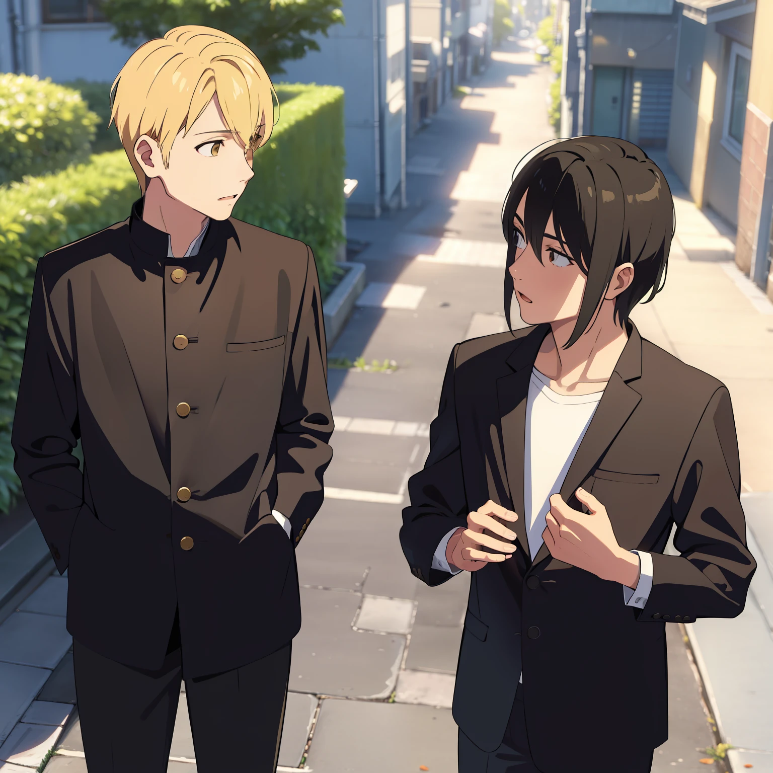 （Two 20-year-old boys talking face to face），（Black hair），Face the lens，On the street，（Yellow hair and black hair）