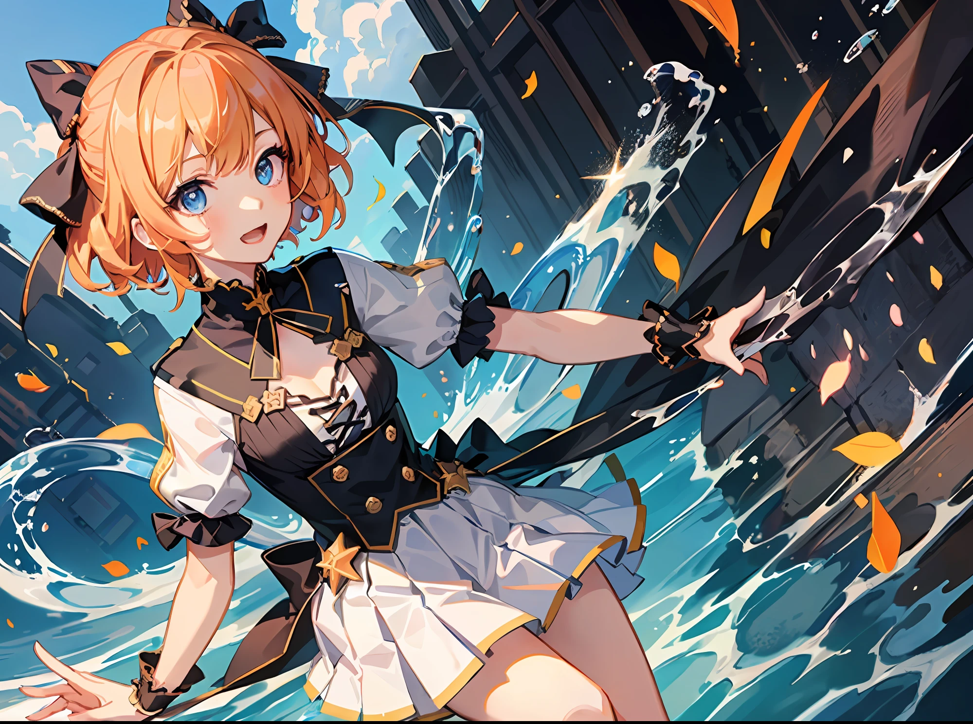 hyper detailed illustration ,superfine illustration, ((((masterpiece)))), High quality, very_high_resolution, Large_filesize, fulcolor ,Very cute and beautiful girl,Very cute and beautiful anime face and eyes, Very delicate eyes,eye shadow,Female, 年轻,20 years old, Solo, ((1 girl), Open mouth ,cross arms behind back, Dynamic Angle, Bright blue eyes, Orange short hair, Shorthair、small tits, Pleated skirt,bow ribbon ,Whole body, holy,waterside、((natural smile))