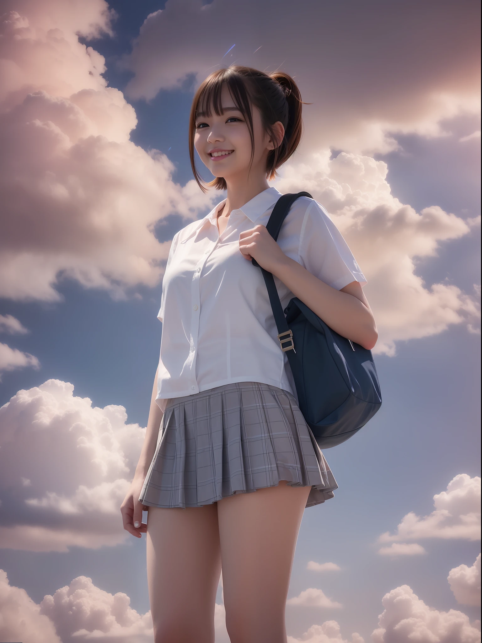 4K,neons, Best Quality, Hyper Detail,1girl in, , cloud, Bag, Short hair, Outdoors, Skirt, School uniform, School bag, White shirt, Blue sky,Full body, Short sleeves, Power lines, Cloudy sky, Standing, hands on pockets, cumulonimbus clouds, Sailor collar, tree, light Particle、Happy smile、realisitic、Live action、a miniskirt、Orange sunset