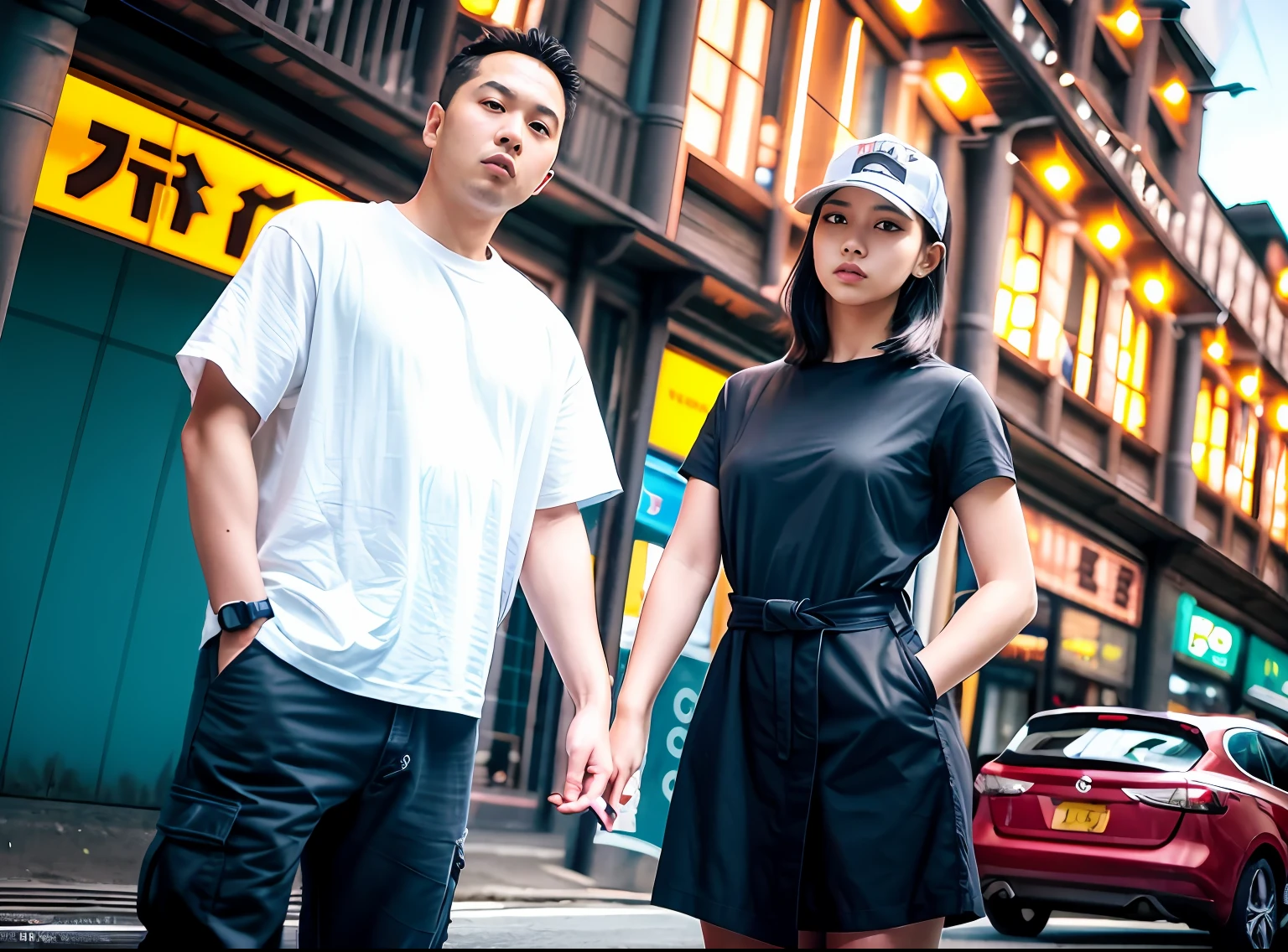 They stood in the street in front of a building, White and black clothing, Ruan Jia and Fenghua Zhong, casual modern clothing, wearing japanese techwear, casual black clothing, personal profile picture, outlive streetwear collection, ruan jia and brom, james jean and fenghua zhong, couple, taken in 2 0 2 0（（best qualtiy））， （（tmasterpiece））， （The is very detailed：1.3）， （cyber punk perssonage：1.5）， Have on the street， （holding_weapon：1.3）， face to the viewer， eyes with brightness， full bodyesbian， glowing_eyes， mechs， in a panoramic view， f/1.4 lenses， cyberpunk backgrouns， illuminated signs， Bokeh background， Wagas， The Car， 电影灯光， Particle， Realistis， HDR（HighDynamicRange）， Ray traching， NVIDIA RTX， Hyper-Resolution，  Unreal 5、sub surface scattering、PBR textures、Post-processing、Anisotropy Filtering、depth of fields、maximum definition and sharpness、Many-Layer Textures、Albedo e mapas Speculares、Surface Coloring、Accurate simulation of light-material interactions、perfectly proportions、rendering by octane、twotonelighting、largeaperture、Low ISO、White balance、the rule of thirds、8K RAW、High efficiency sub-pixel、sub-pixel volume product，（best qualtiy）， （Liu Yifei： 1.5)