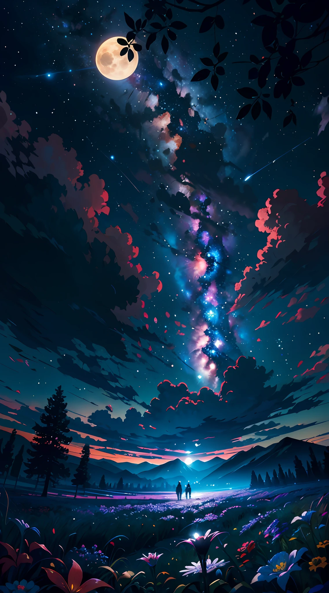 expansive landscape photograph , (a view from below that shows sky above and open field below), a astronaut standing on flower field looking up, (full moon:1.2), ( shooting stars:0.9), (nebula:1.3), distant mountain, tree BREAK
production art, (warm light source:1.2), (Firefly:1.2), lamp, lot of purple and orange, intricate details, volumetric lighting BREAK
(masterpiece:1.2), (best quality), 4k, ultra-detailed, (dynamic composition:1.4), highly detailed, colorful details,( iridescent colors:1.2), (glowing lighting, atmospheric lighting), dreamy, magical, (solo:1.2), volumetric clouds