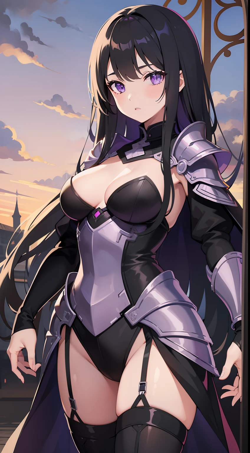 young girl, Long black hair, violet eyes, Men's armor, Masterpiece, hiquality