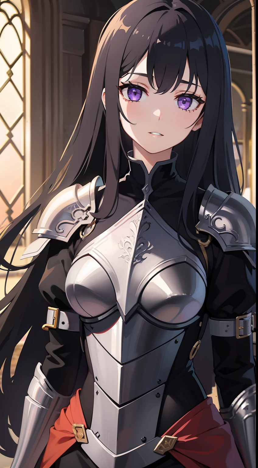 young girl, Long black hair, violet eyes, Men's armor, Masterpiece, hiquality