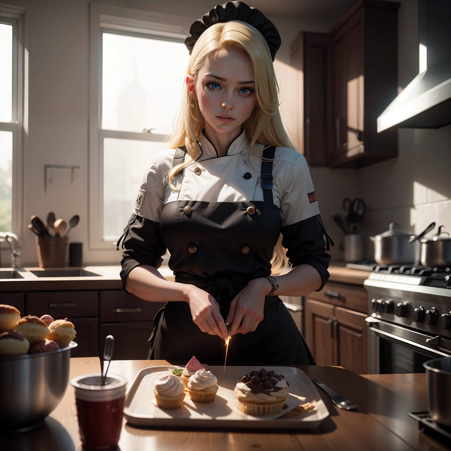 25 year old female, blonde, wearing chef's clothing, small breasts, cooking some cupcakes, Cinematic, Hyper-detailed, insane details, Beautifully color graded, Unreal Engine, DOF, Super-Resolution, Megapixel, Cinematic Lightning, Anti-Aliasing, FKAA, TXAA, RTX, SSAO, Post Processing, Post Production, Tone Mapping, CGI, VFX, SFX, Insanely detailed and intricate, Hyper maximalist, Hyper realistic, Volumetric, Photorealistic, ultra photoreal, ultra-detailed, intricate details, 8K, Super detailed, Full color, Volumetric lightning, HDR, Realistic, Unreal Engine, 16K, Sharp focus