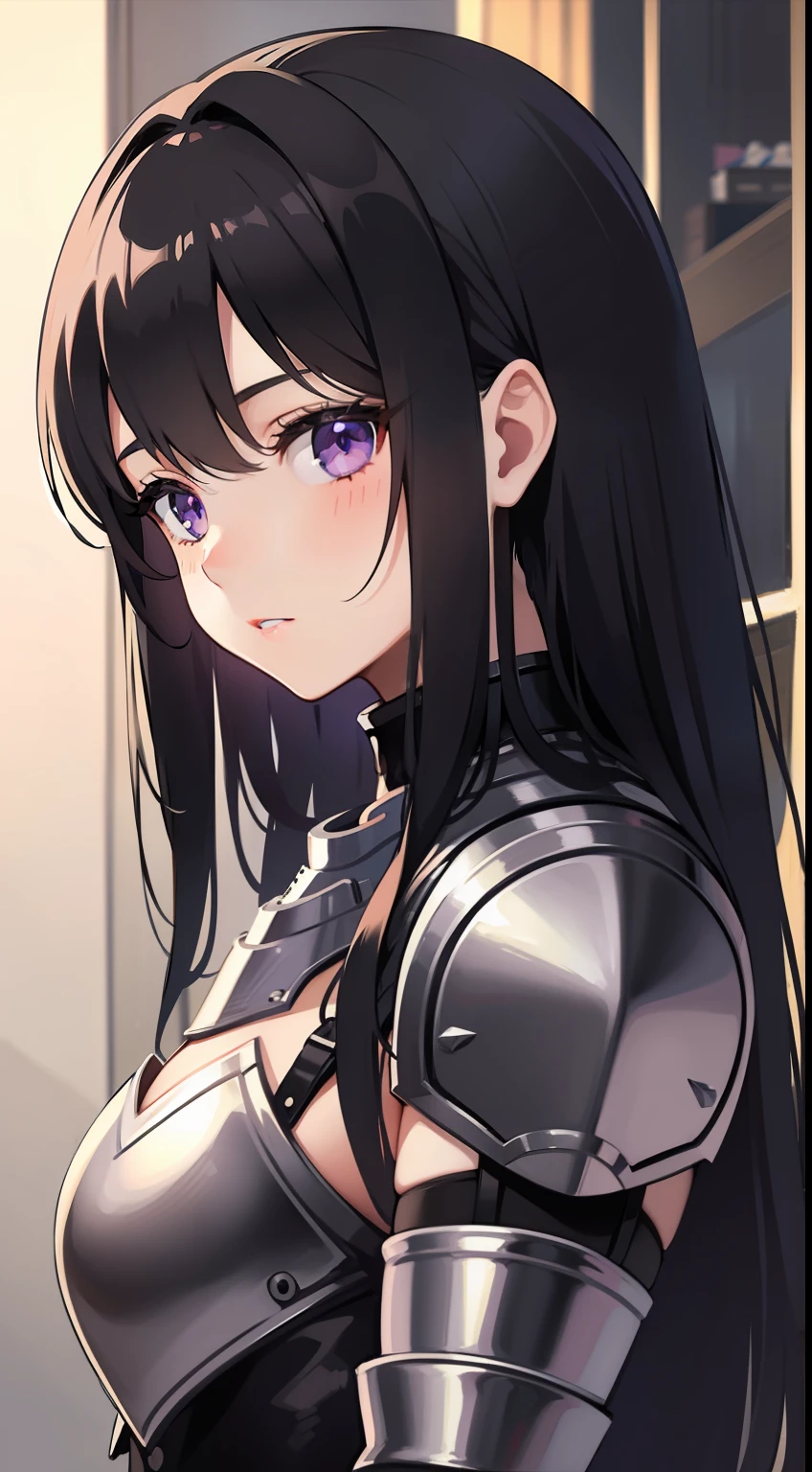 young girl, Long black hair, violet eyes, Men's armor, Masterpiece, hiquality
