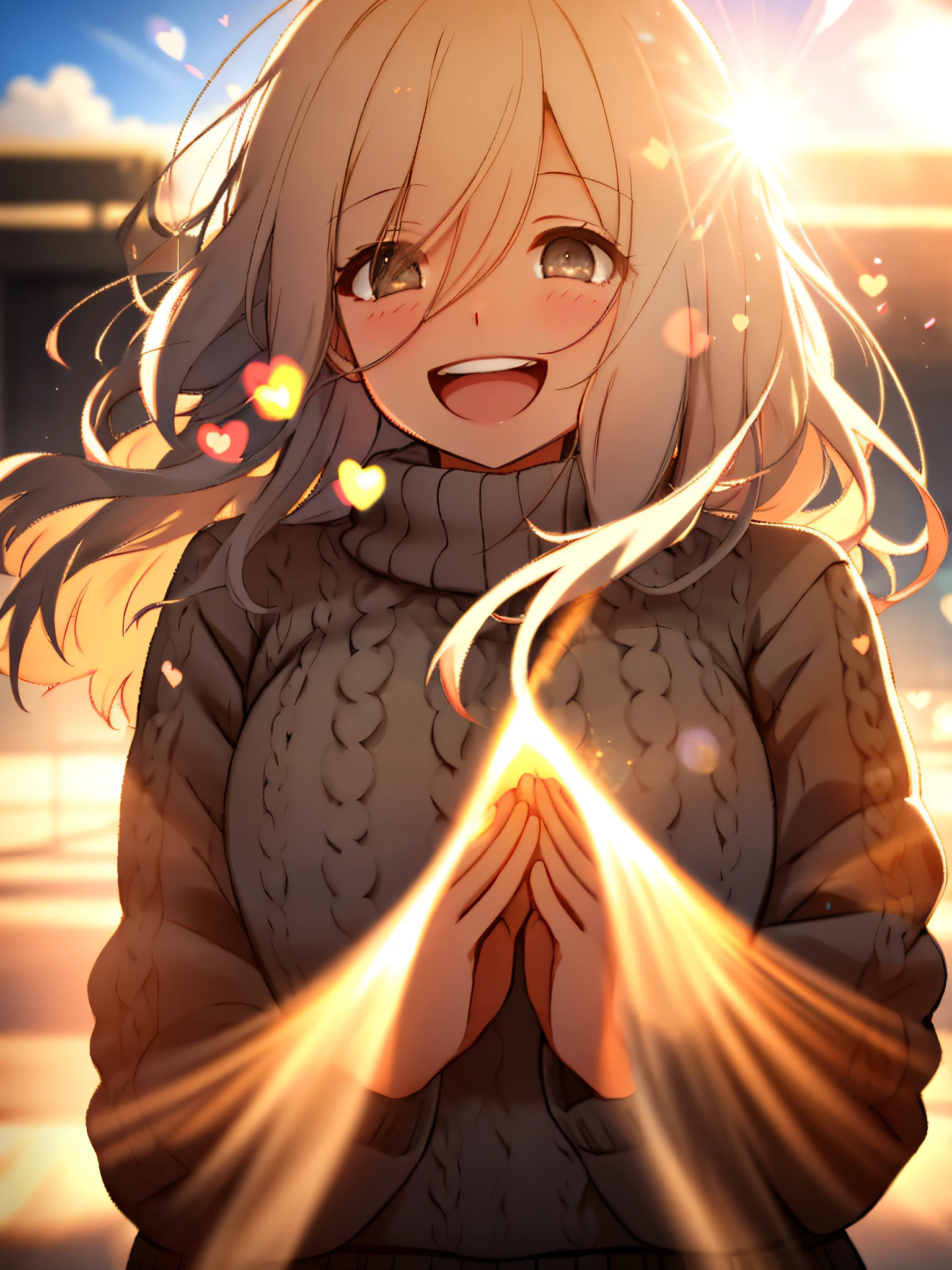 a girl, cosy sweater on, upper body, (huge Laughing:1.1), (open mouth:1.1), (wide open eyes:1.2), sun glare, bokeh, depth of field, blurry background, light particles, strong wind, (heart particles:1.1)