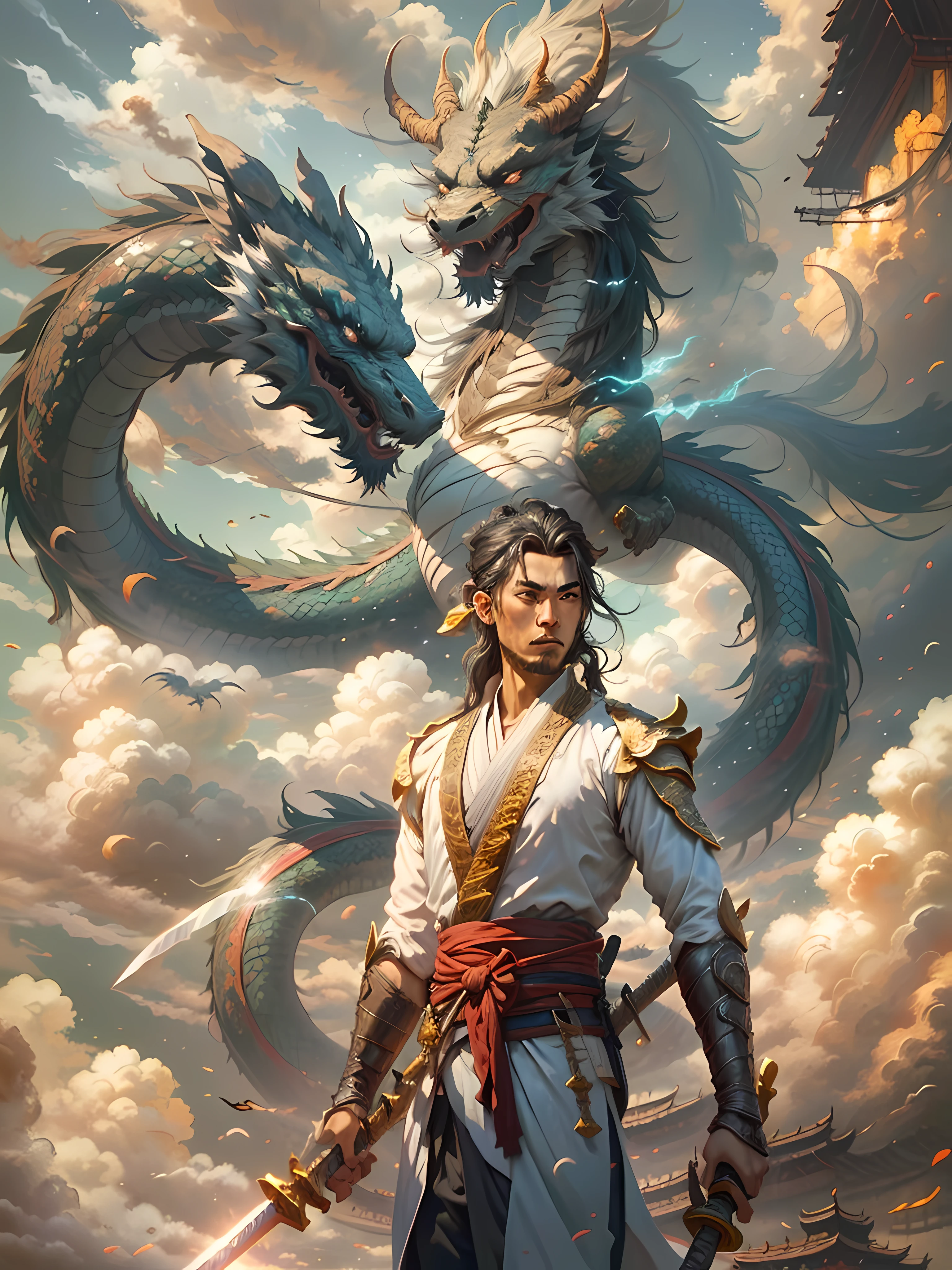 UHD,masterpiece,award winning,best quality,highres,8k,high details,(A man:1.6),Perfect face,long black hair,Chinese ancient hair accessories,blonde hair accessories,(Face the lens:1.4),(Handheld sword:1.5),Hand-held scabbard,ancient chinese robes,Martial arts,outlaw star,bougu,jump up,There's a dragon behind,Chinese Dragon,Patron saint,The background is mountains and trees,Mountain,Pavilion,pine tree,Bright Sky,white cloud,a cloudy sky,loong,,ancient oriental architecture,ancient chinese architecture,