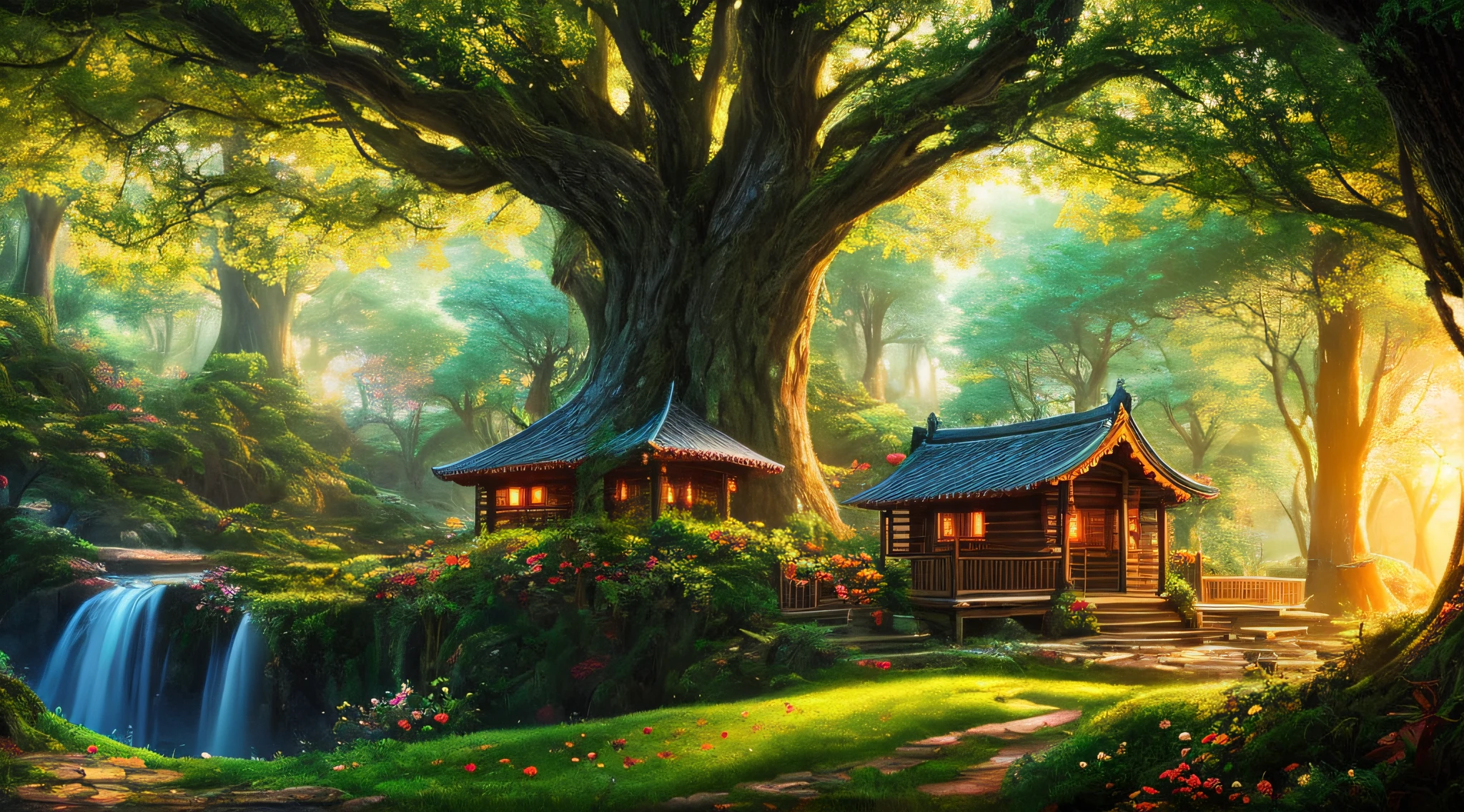 Masterpiece Grade CG Unity 8K Wallpapers，top-quality，ighly detailed。Magnificent Forest of Dreams，A towering tree，Glowing mushrooms，log cabin，Beautiful fairytale canyon，Create a mysterious and charming atmosphere。Use pastel colors and oil painting styles，Bokeh、With depth of field and HDR technology、Improves detail，Eta、Increases the contrast of flowers and colors in light and shadow。artistic，awardwinning photo。Strong trend，high detal，Dramatic，Complex and efficient。