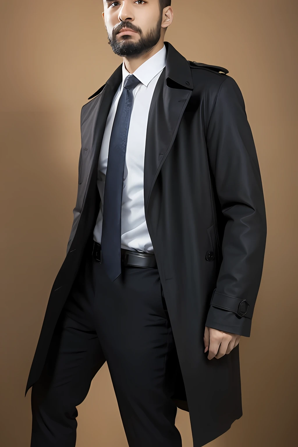 Black suit trench coat，Black coat jacket，Business suit， 18k, {{Masterpiece}}, Best quality, High quality:1.4), simplebackground，brown background，，{{[[front look}}, Photo pose)]], very pretty look face, And very nice red eyes, 1人, Solo, Portrait of Habibnul Magomedov in a suit and tie, Beard, Serious, Details, Realistic, Photography, The background is blurred out, soft focus