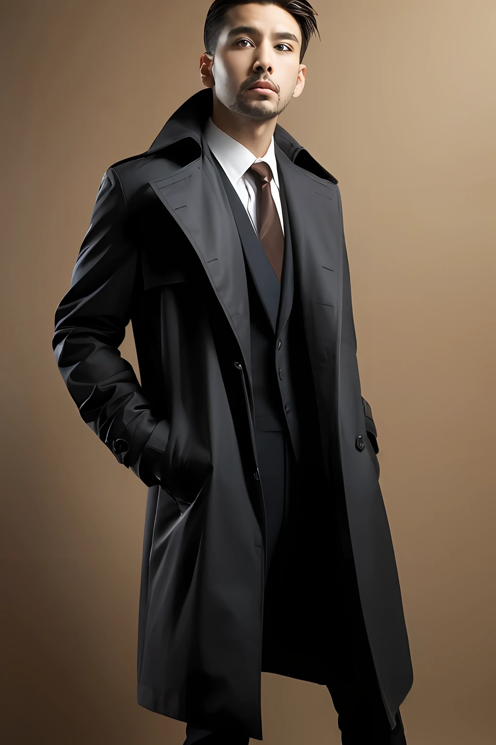 Black suit trench coat，Black coat jacket，Business suit， 18k, {{Masterpiece}}, Best quality, High quality:1.4), simplebackground，brown background，，{{[[front look}}, Photo pose)]], very pretty look face, And very nice red eyes, 1人, Solo, Portrait of Habibnul Magomedov in a suit and tie, Beard, Serious, Details, Realistic, Photography, The background is blurred out, soft focus