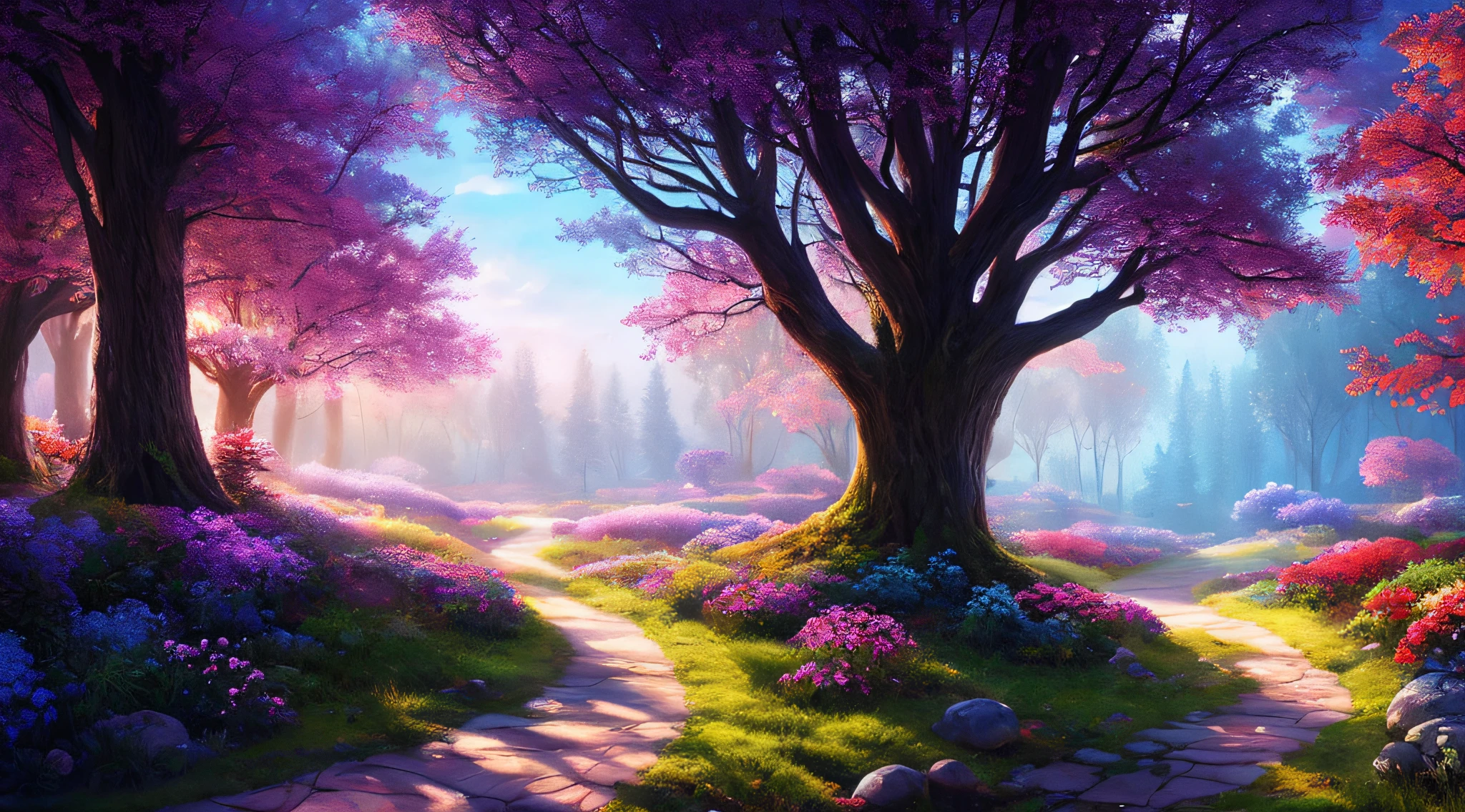 Masterpiece Grade CG Unity 8K Wallpapers,top-quality,ighly detailed。Magnificent Forest of Dreams,A towering tree,Glowing mushrooms,log cabin,Beautiful fairytale canyon,Create a mysterious and charming atmosphere。Use pastel colors and oil painting styles,Bokeh、With depth of field and HDR technology、Improves detail,Eta、Increases the contrast of flowers and colors in light and shadow。artistic,awardwinning photo。Strong trend,high detal,Dramatic,Complex and efficient。