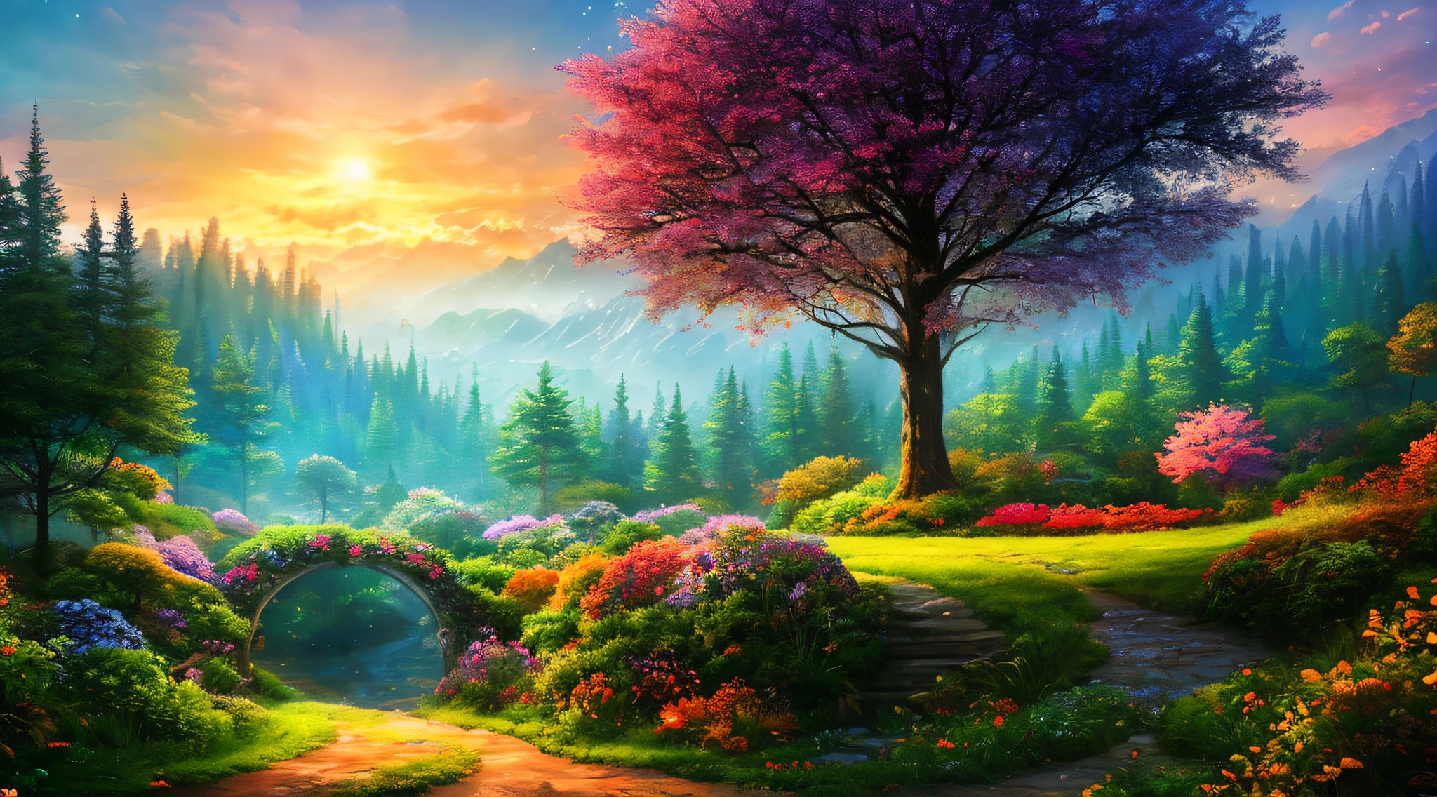 Masterpiece Grade CG Unity 8K Wallpapers,top-quality,ighly detailed。Magnificent Forest of Dreams,A towering tree,Glowing mushrooms,log cabin,Beautiful fairytale canyon,Create a mysterious and charming atmosphere。Use pastel colors and oil painting styles,Bokeh、With depth of field and HDR technology、Improves detail,Eta、Increases the contrast of flowers and colors in light and shadow。artistic,awardwinning photo。Strong trend,high detal,Dramatic,Complex and efficient。