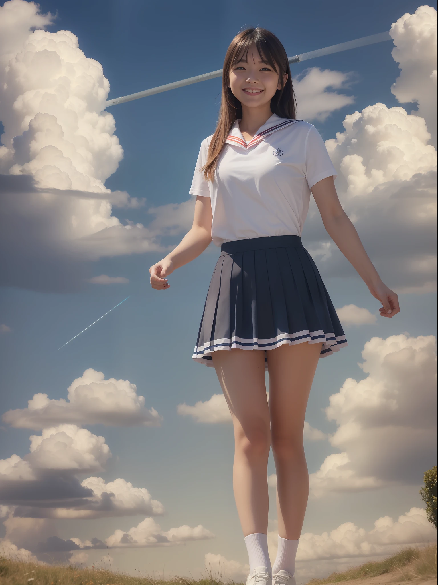 4K,neons, Best Quality, Hyper Detail,1girl in, , cloud, Bag, Short hair, Outdoors, Skirt, School uniform, School bag, White shirt, Blue sky,Full body, Short sleeves, Power lines, Cloudy sky, Standing, hands on pockets, cumulonimbus clouds, Sailor collar, tree, light Particle、Happy smile、realisitic、Live action、a miniskirt、Orange sunset、Looking at the camera、Happy smile、Faces close