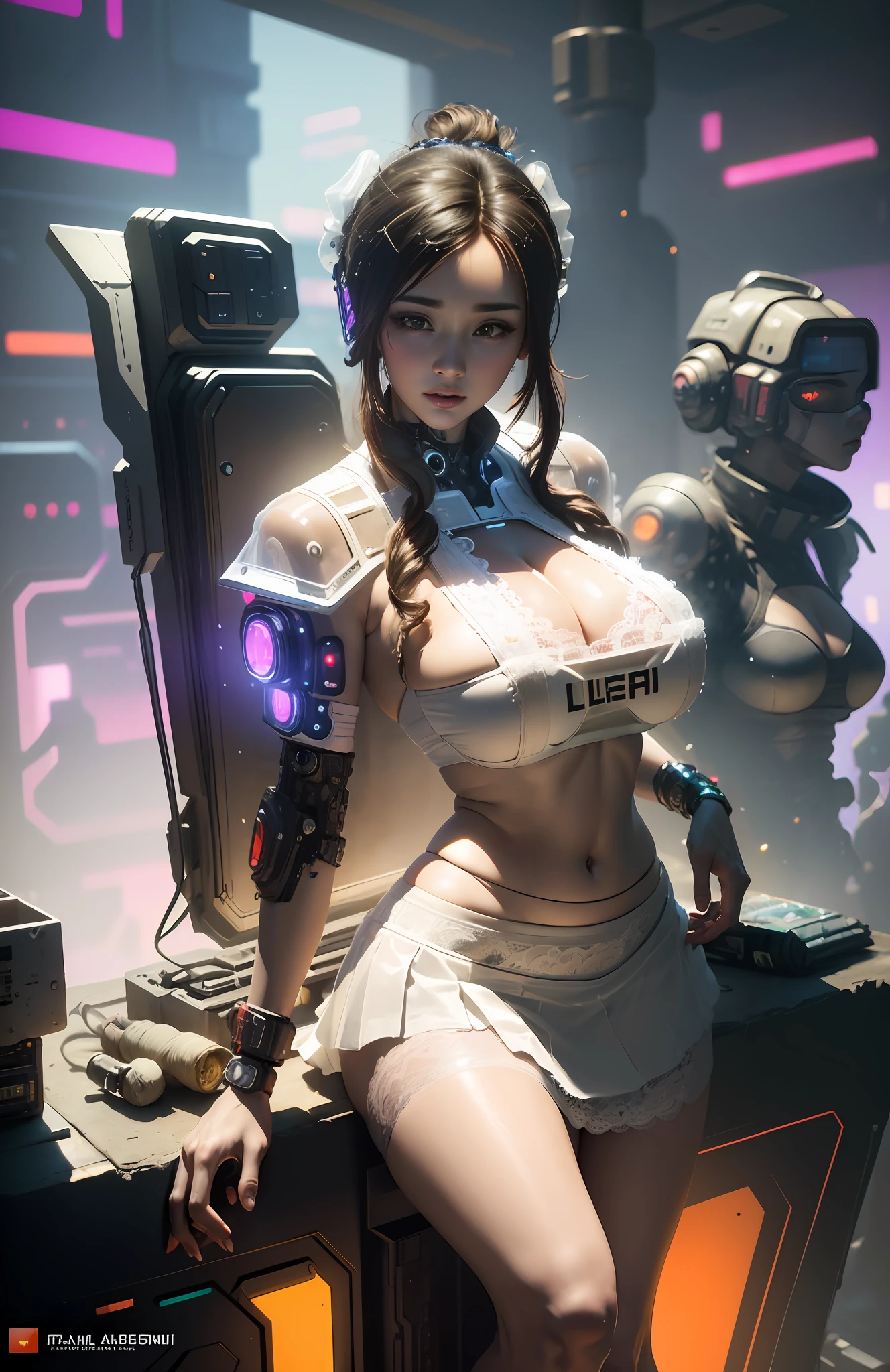 ((Best quality)), ((masterpiece)), (highly detailed:1.3), 3D, beautiful, (cyberpunk:1.6), in space, nebula, (holding_weapon:1.3), laser, (1Female mecha:1.3), sexy body, facing the audience, Glowing eyes, full body, (flying, swooping down, dynamic, motion blur: 1.4), (huge mech wings: 1.6), looking up, glowing_eyes, mecha, panorama, background is earth, nebula, space, particles, Reality, HDR (High Dynamic Range), Ray Tracing, NVIDIA RTX, Super Resolution, Unreal 5, Subsurface Scattering, PBR Textures, Post Processing, Anisotropic Filtering, Depth of Field, Maximum Clarity and Clarity, Multilayer Textures, Albedo and Specular maps, Surface shading, accurate simulation of light-material interaction, perfect proportions, Octane Render, two-tone lighting, large aperture, low ISO, white balance, rule of thirds, 8K RAW, efficient sub-pixel, sub-pixel volume product,  (best quality),(Japanese:0.5),(korean:0.8), (Liu Yi Fei:1.5) long hair, (big breast:1.2),(underboob:1.5), (white transparent lace mini skirt:1.5)