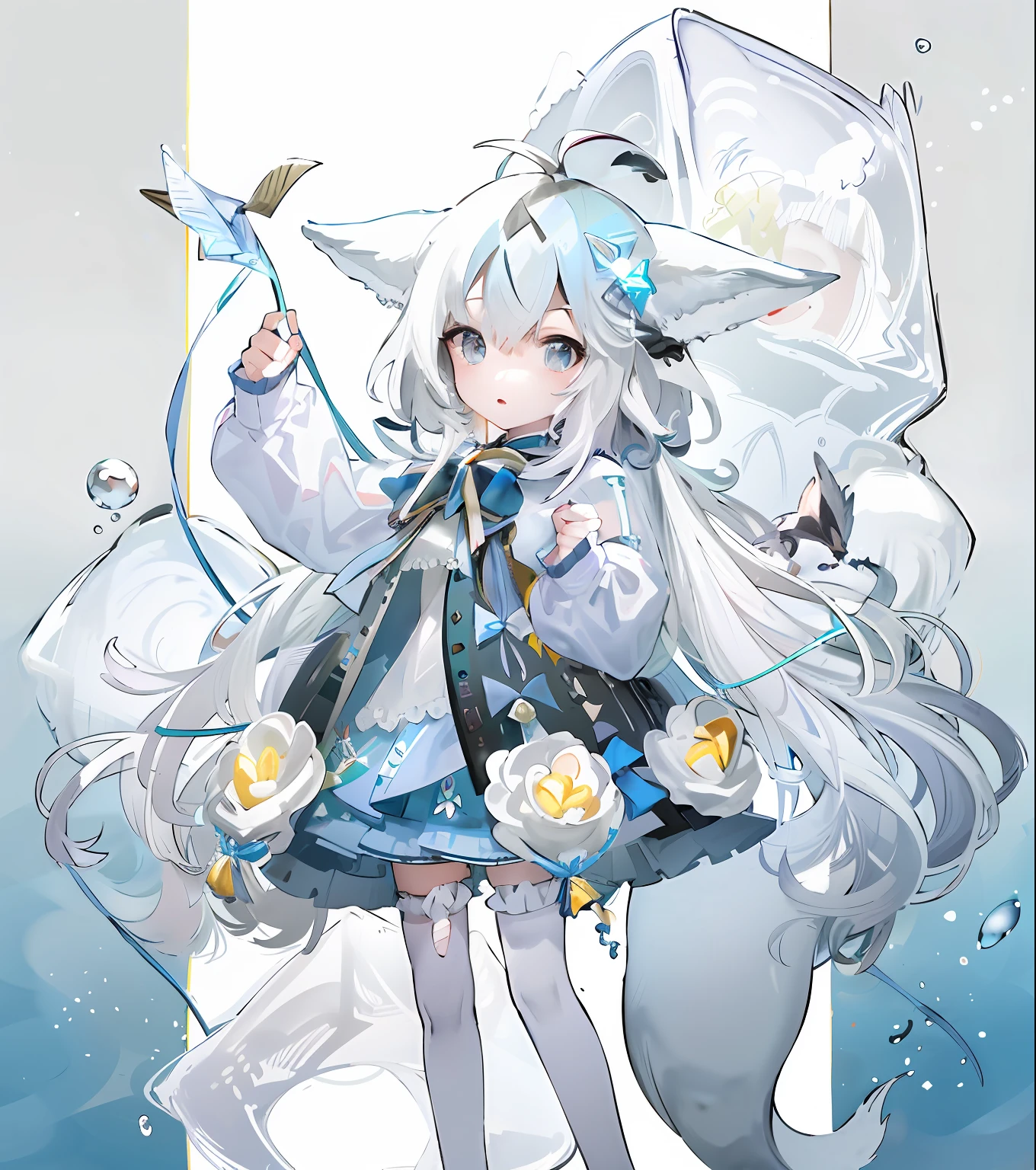 Anime girl with white hair and blue dress holding a kite, trending on artstation pixiv, White Cat Girl, White-haired fox, From Arknights, Splash art anime Loli, Digital art on Pisif , a glaceon ice princess, Pisif Contest Champion, Pisif, Official anime artwork, icey, Highest rated on Pisif