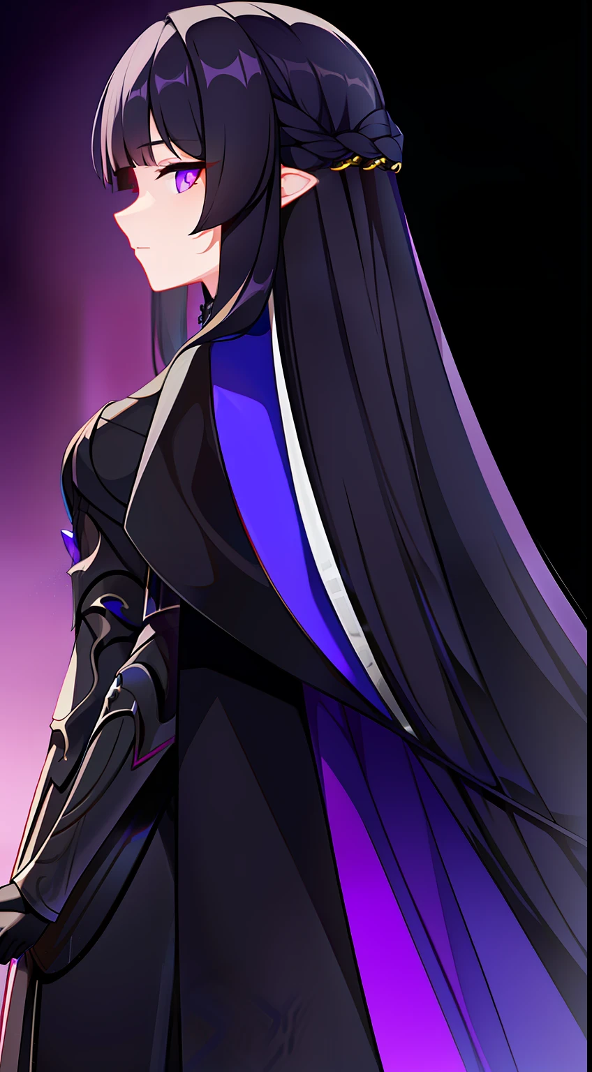young girl, Long black hair, violet eyes, Men's armor, Masterpiece, hiquality