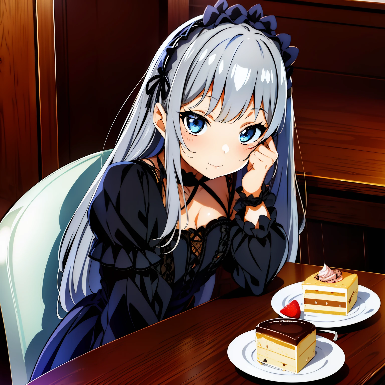 1girl,solo focus,gray hair,medium hair,crossed bangs, dodgerblue eyes,13 years old,Gothic lolita, black dress, lolita_hairband ,long sleeve,frilld looking outside, sitting,indoor,cafe,table, food on the table, coffee, cake,parfait,