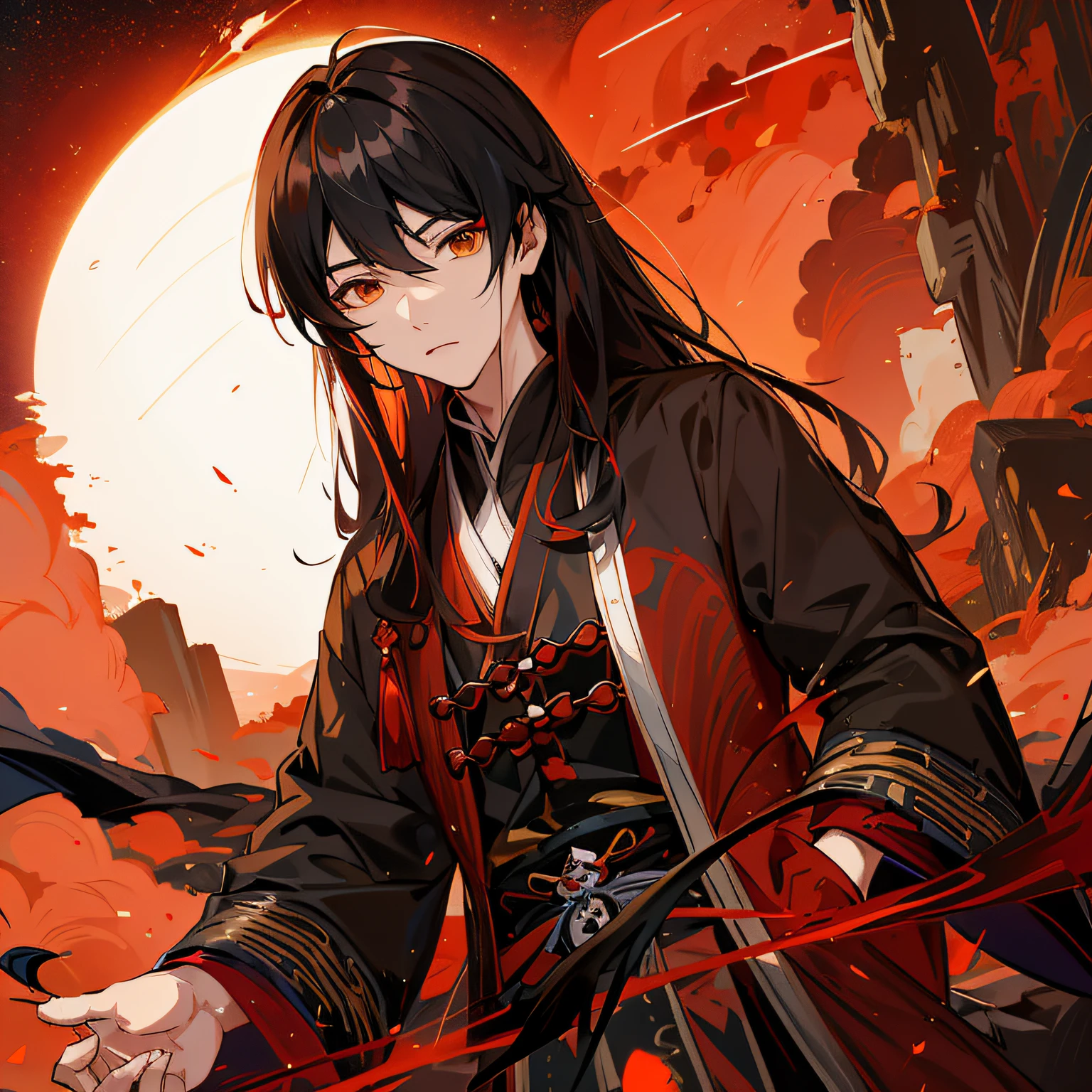 Anime - A stylistic image of a man holding a sword in red and black clothing, Keqing from Genshin Impact, black-haired mage, zhongli from genshin impact, Beautiful celestial mage, heise jinyao, handsome guy in demon killer art, taisho roma, hijikata toushirou, Ayaka Genshin impact