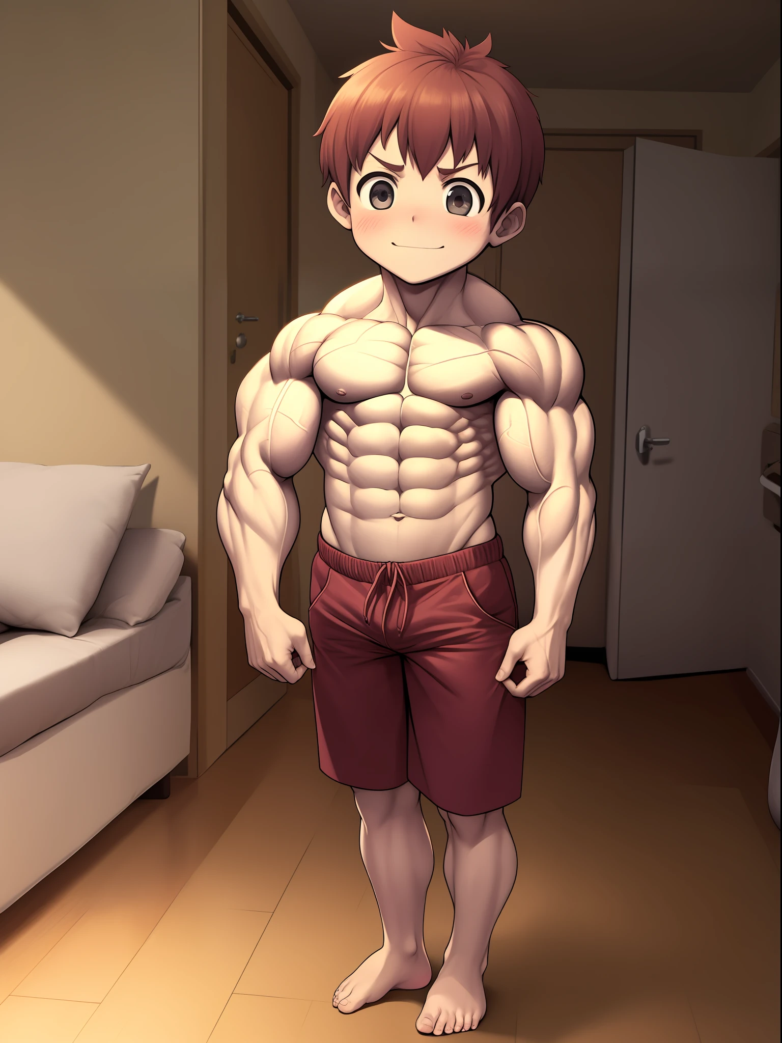 From girl to boy，((Height one meter five))，yo，Solo，One man only，Shirtless，Wear only shorts，In an empty house that is uninhabited，blushing slightly，A slight smil，Swollen muscles，Barefoot