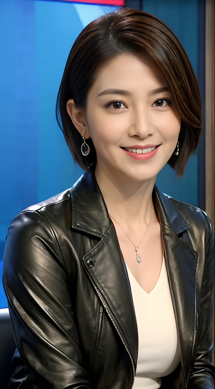 The highest image quality、超A high resolution、1girl in、beautiful countenance、Shorthair、Announcer in leather long-sleeved jacket、Sitting in the studio、Wearing earrings、
