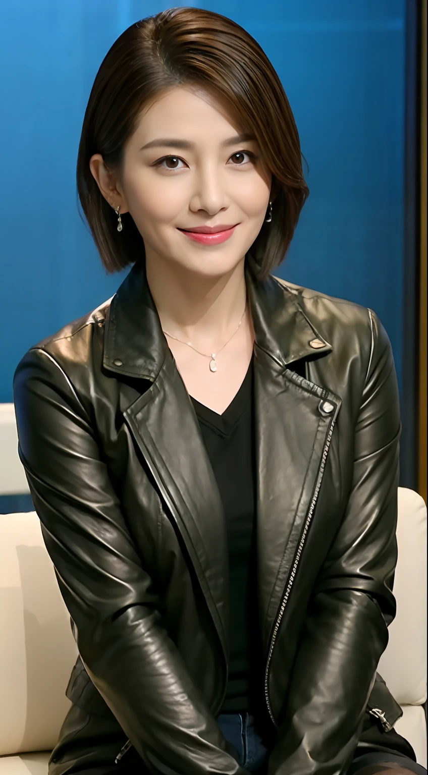 The highest image quality、超A high resolution、1girl in、beautiful countenance、Shorthair､Announcer in leather long-sleeved jacket、Sitting in the studio、Wearing earrings、