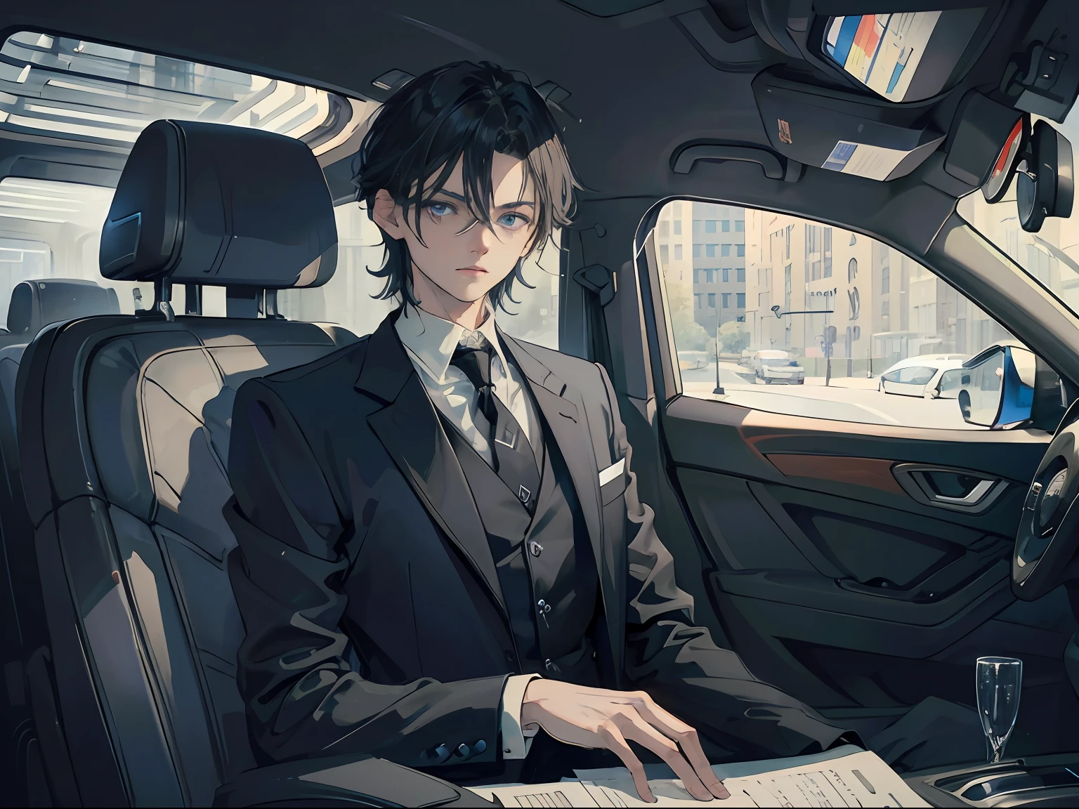 A boy, short black hair, blue eyes, white long-sleeved shirt, black suit and tie, upper body, (highest quality, masterpiece, extremely high resolution, extreme detail),Sit in the back of the car