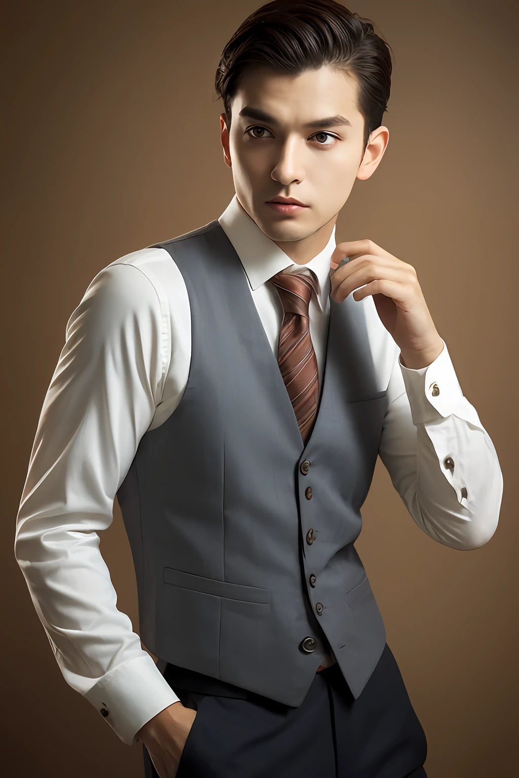 ，suit vest， 18k, {{Masterpiece}}, Best quality, High quality:1.4), simplebackground，brown background，，{{[[front look}}, Photo pose)]], very pretty look face, And very nice red eyes, 1人, Solo, Portrait of Habibnul Magomedov in a suit and tie, Beard, Serious, Details, Realistic, Photography, The background is blurred out, soft focus