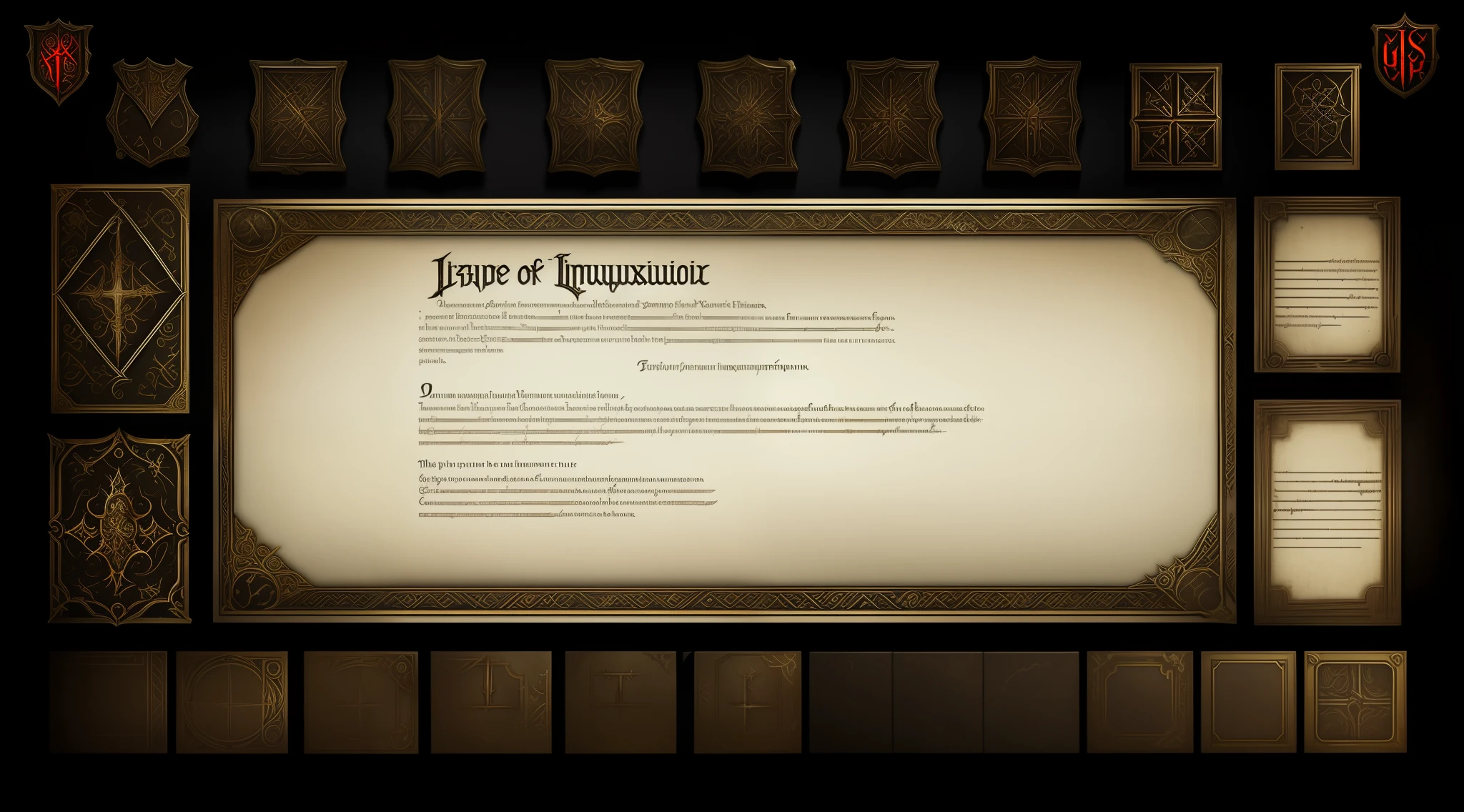 game about the medieval Inquisition inventory baroque On a black background UI for RPG game about the medieval Inquisition white bones white letters white frame white patterns baroque curls stylish inventory anatomy darkness horror ribs spikes clear edges realistic super realism UI inventory