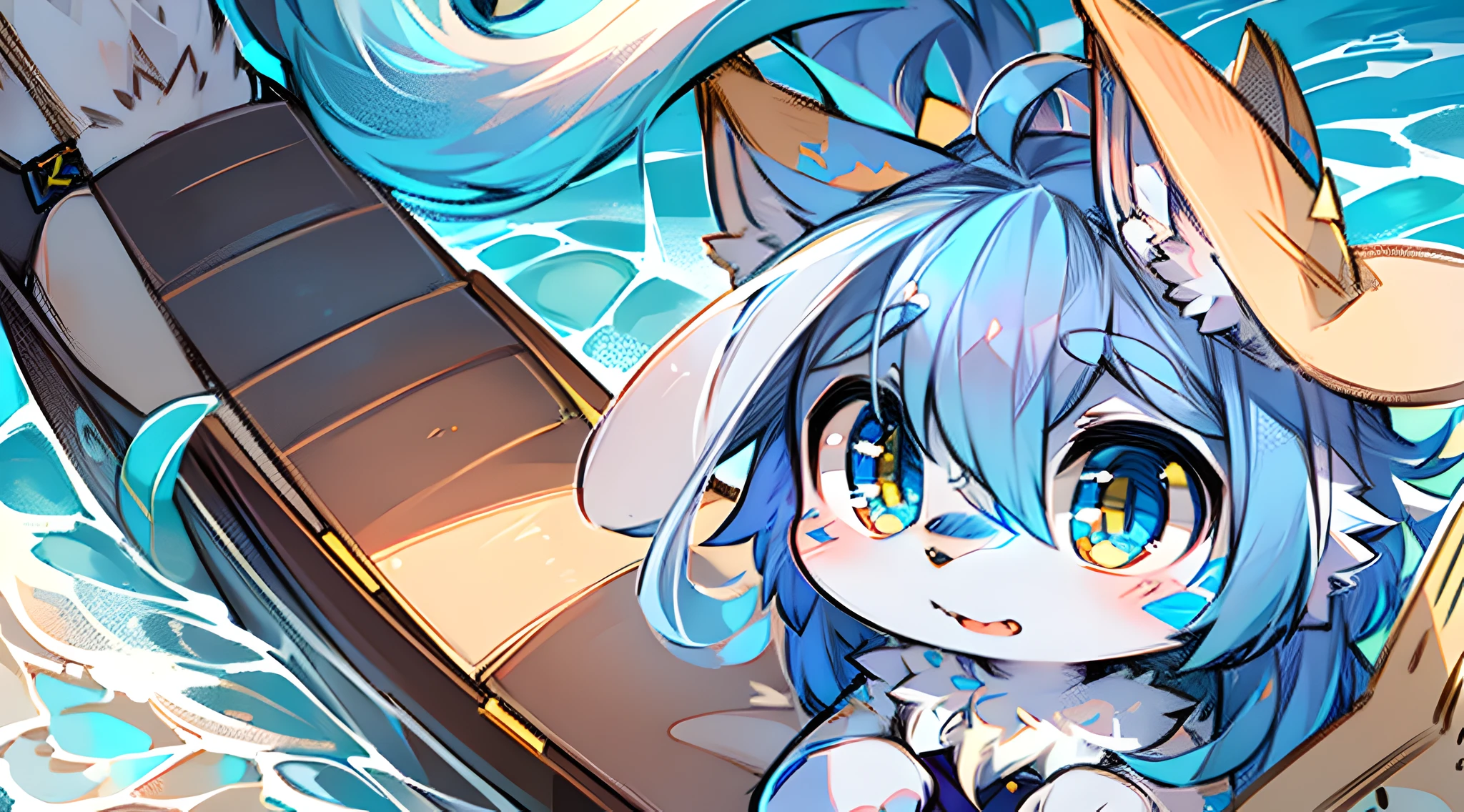 coyote,critters,Light blue flull,Blue tail,Golden eyes,White fur,夏天,sea beach,wave,cheerfulness,adolable,ahoge,full bodyesbian,suns,夏天,There is no speckled pattern,Cubs,Fluffy tail,tmasterpiece,The is very detailed,High-quality portraits,Humanoid boy wind,full-shot,Sky blue swimsuit,A little ferocious,Kawaii hairy male,large tail,A lot of companions to play,(best qualtiy),(tmasterpiece),(The is very detailed:1.3)full-body portraits,One tail,Furry cute,japanese-inspired,Character detail optimization,Line drawing optimization。