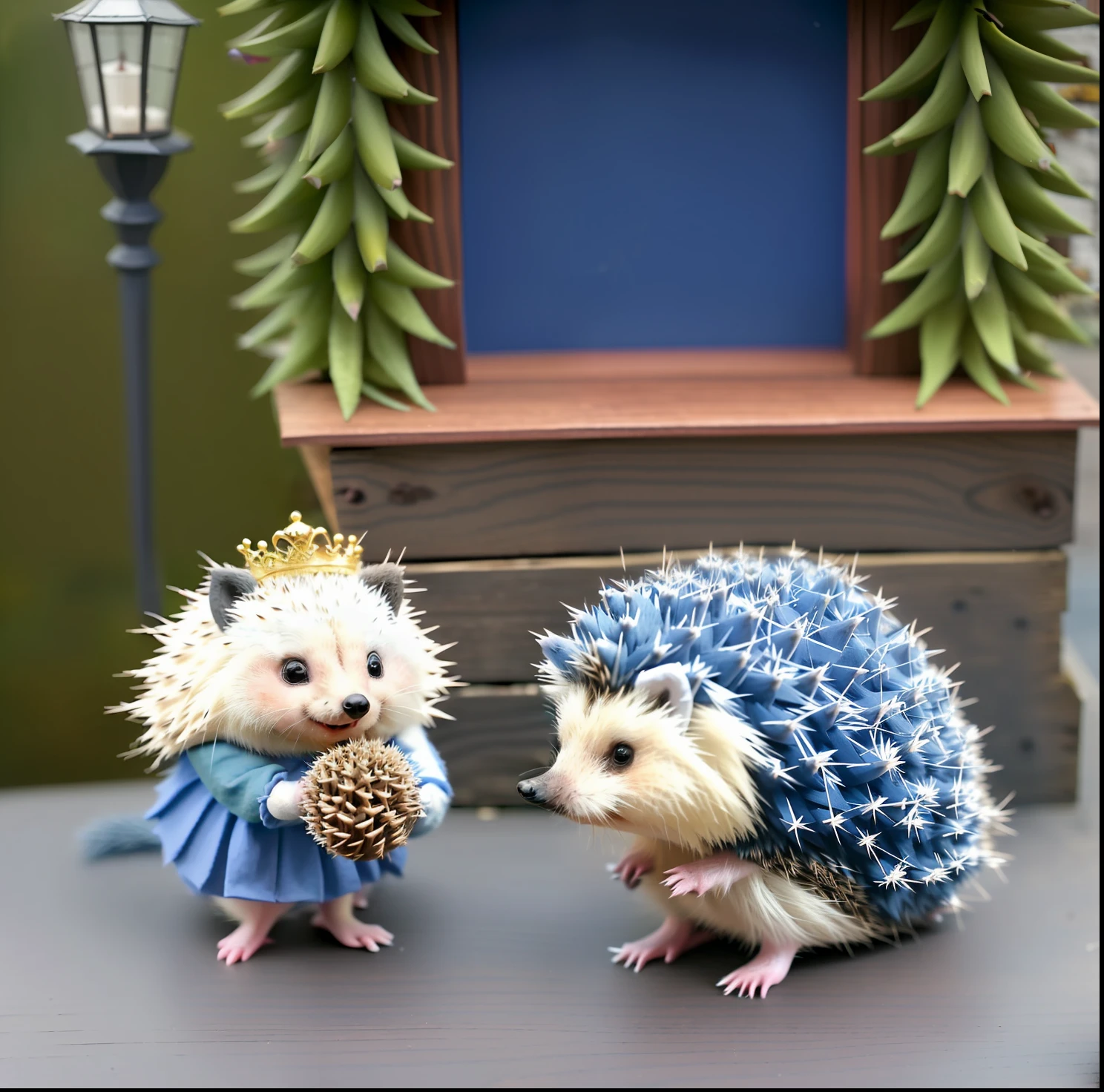 On the wooden terrace there is a small hedge, Hedgehog, anthropomorphic hedgehog, Smart Hedgehog, hedgehog magus, anthropomorphic blue hedgehog, Intelligent Hedgehog, Cute lonely animal, Spits, Hedgehog with glasses, r/AW, Wearing a prickly, Spotted ultra realistic, Cute fluffy needs your help, beautiful animal pearl queen