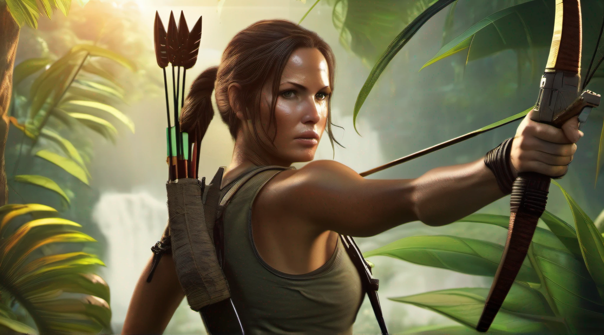 A vibrant cinematic photo of Lara Croft in the jungle, octane render, high quality, sun reflection, realistic.