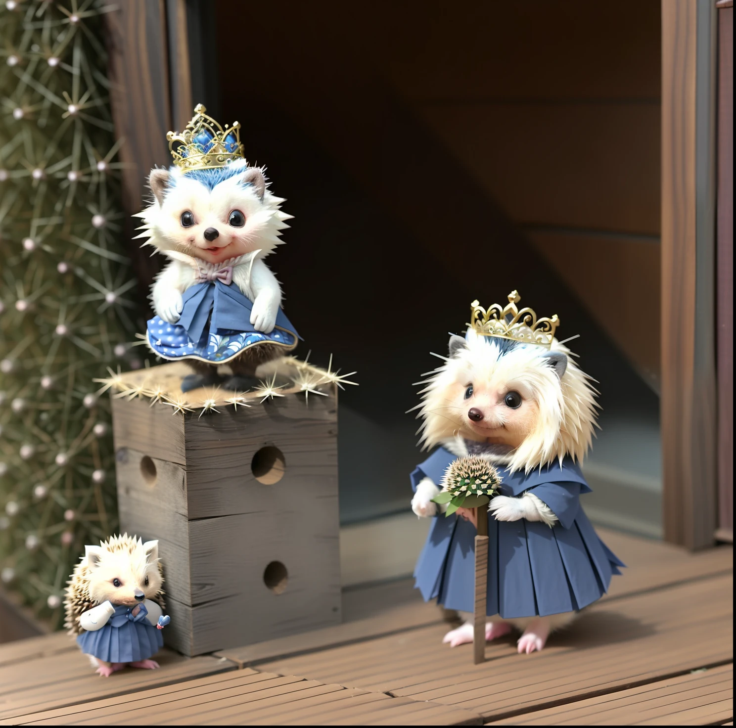 On the wooden terrace there is a small hedge, Hedgehog, anthropomorphic hedgehog, Smart Hedgehog, hedgehog magus, anthropomorphic blue hedgehog, Intelligent Hedgehog, Cute lonely animal, Spits, Hedgehog with glasses, r/AW, Wearing a prickly, Spotted ultra realistic, Cute fluffy needs your help, beautiful animal pearl queen