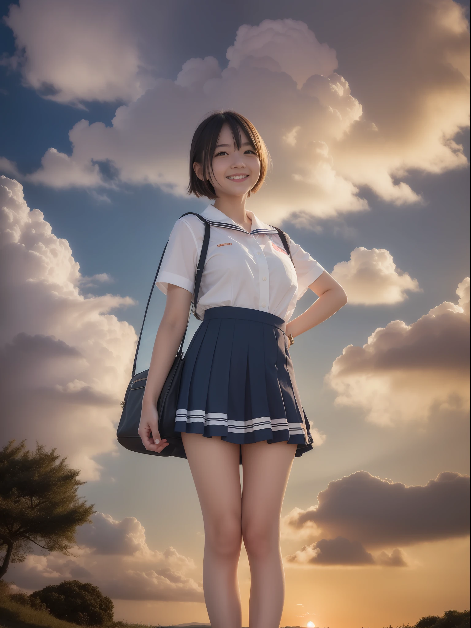 4K,neons, Best Quality, Hyper Detail,1girl in, , cloud, Bag, Short hair, Outdoors, Skirt, School uniform, School bag, White shirt, Blue sky,Full body, Short sleeves, Power lines, Cloudy sky, Standing, hands on pockets, cumulonimbus clouds, Sailor collar, tree, light Particle、Happy smile、realisitic、Live action、a miniskirt、Orange sunset、Looking at the camera、Happy smile、Faces close