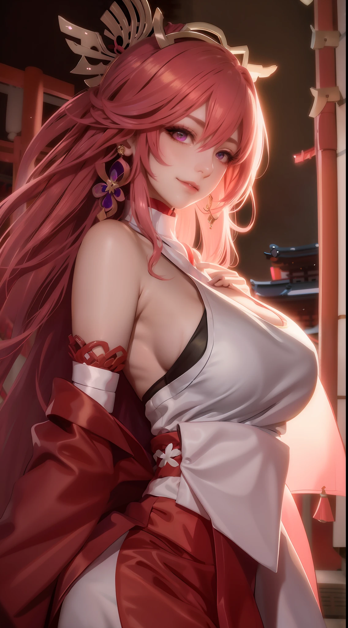 （tmasterpiece，Need，1girll，Solo，The details are complex，color difference），photorealestic，（（Medium breath）），cropped shoulders，cleavage，Close-up，ssmile，，Raised sexy，Yae Miko，Pink Long Hair，red headgear，Red highlight，Hair above one eye，Purple eye，耳Nipple Ring，sharp look，Perfectly symmetrical figure，choker necklace，Neon shirt，Open jacket，high-necksweater，against a wall，brick walls，scribbles，dim murky lights，alley，looking at viewert，（（Mean streak，Cleavage is seductive，big breasts enchanting）），（（（sakurabackground))),(((Japanese temple background))), (((Glow-in-the-dark background)))