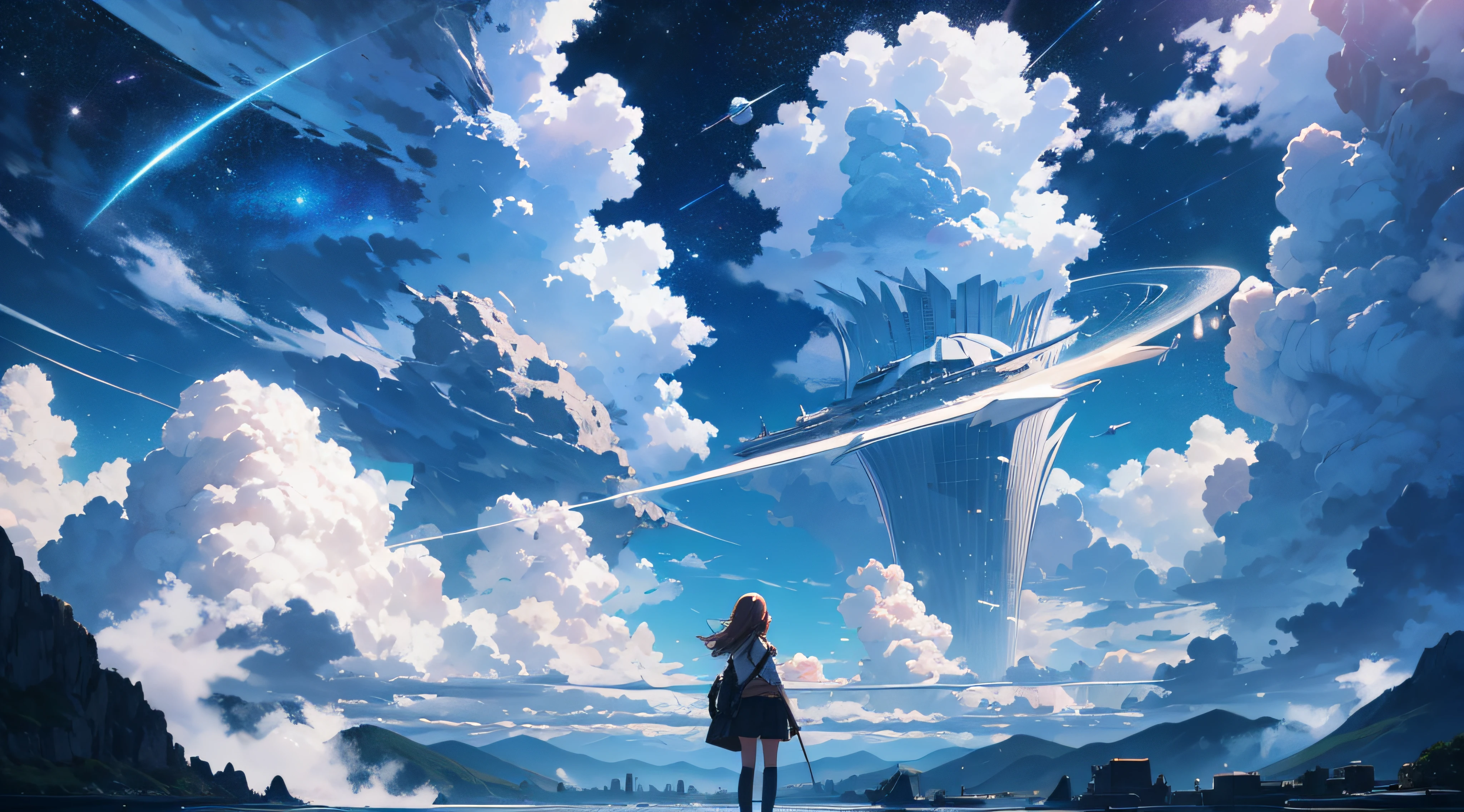 blue-sky, Skysky, Above the clouds, The landscape, A high resolution, (tmasterpiece: 1.4), ultra-detailliert, girls in the distance, the space, afloat, ,(best qualtiy),8K, ((tmasterpiece)) --v 6