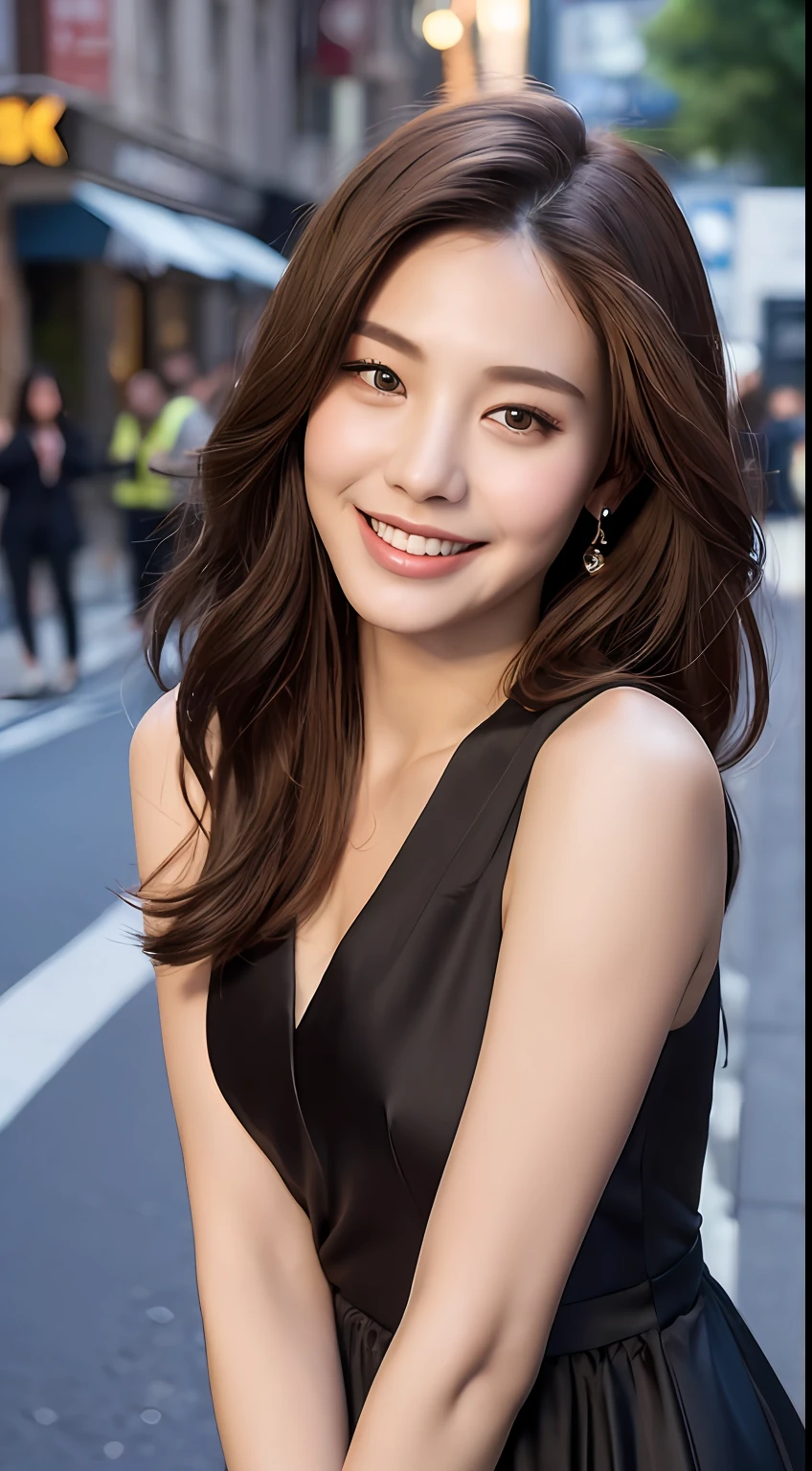 ((Best quality, 8k, Masterpiece :1.3)), 1girl, smiling, full body, slim face, Pretty woman, (Dark brown hair), full length dress :1.1, Ultra-detailed face, Detailed eyes, Double eyelid, blur background, slim face, city, outside, street,