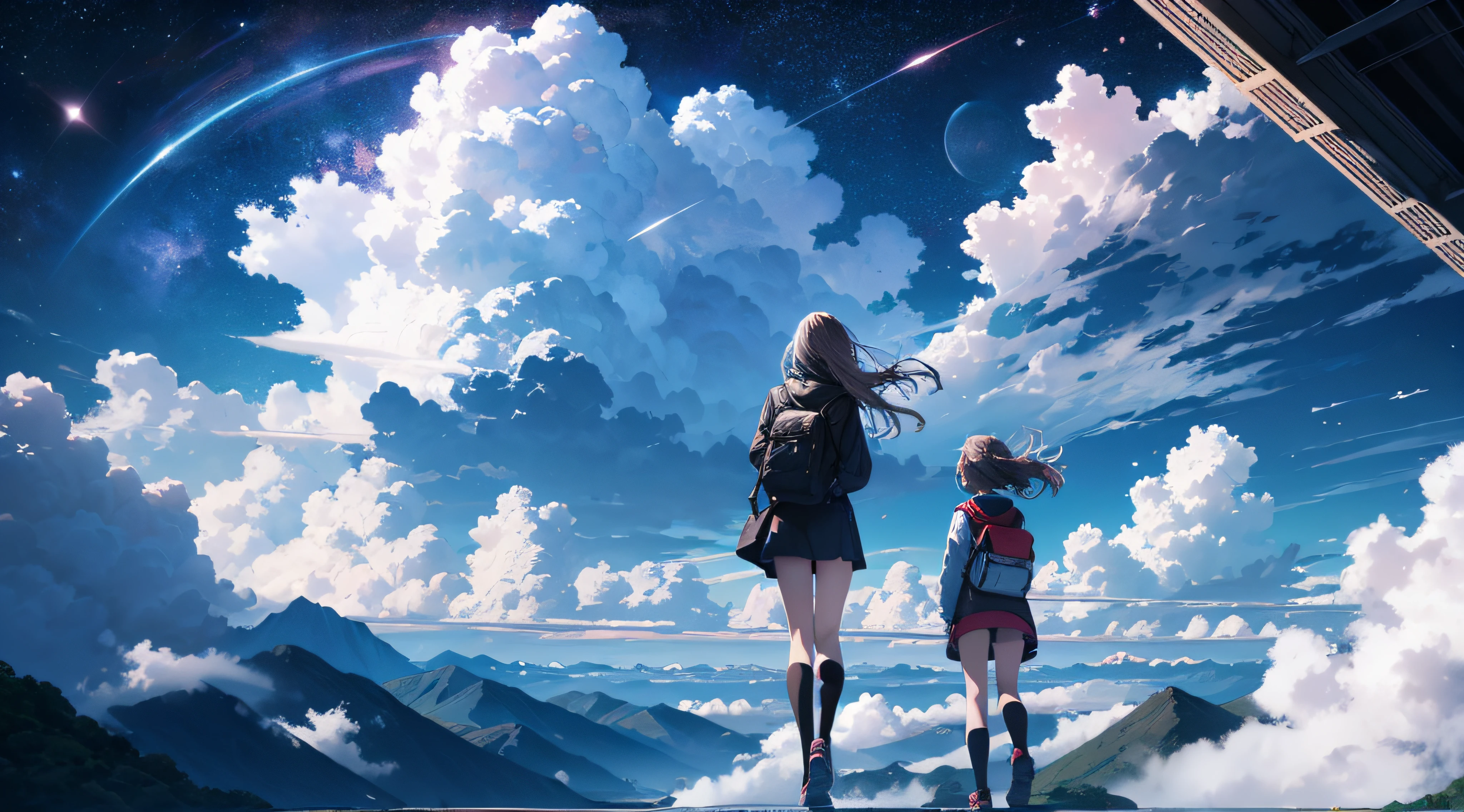 blue-sky， Skysky， Above the clouds， The landscape， A high resolution， （tmasterpiece： 1.4）， ultra-detailliert， girls in the distance， the space， afloat， ，（best qualtiy），8K， （（tmasterpiece）） --v 6