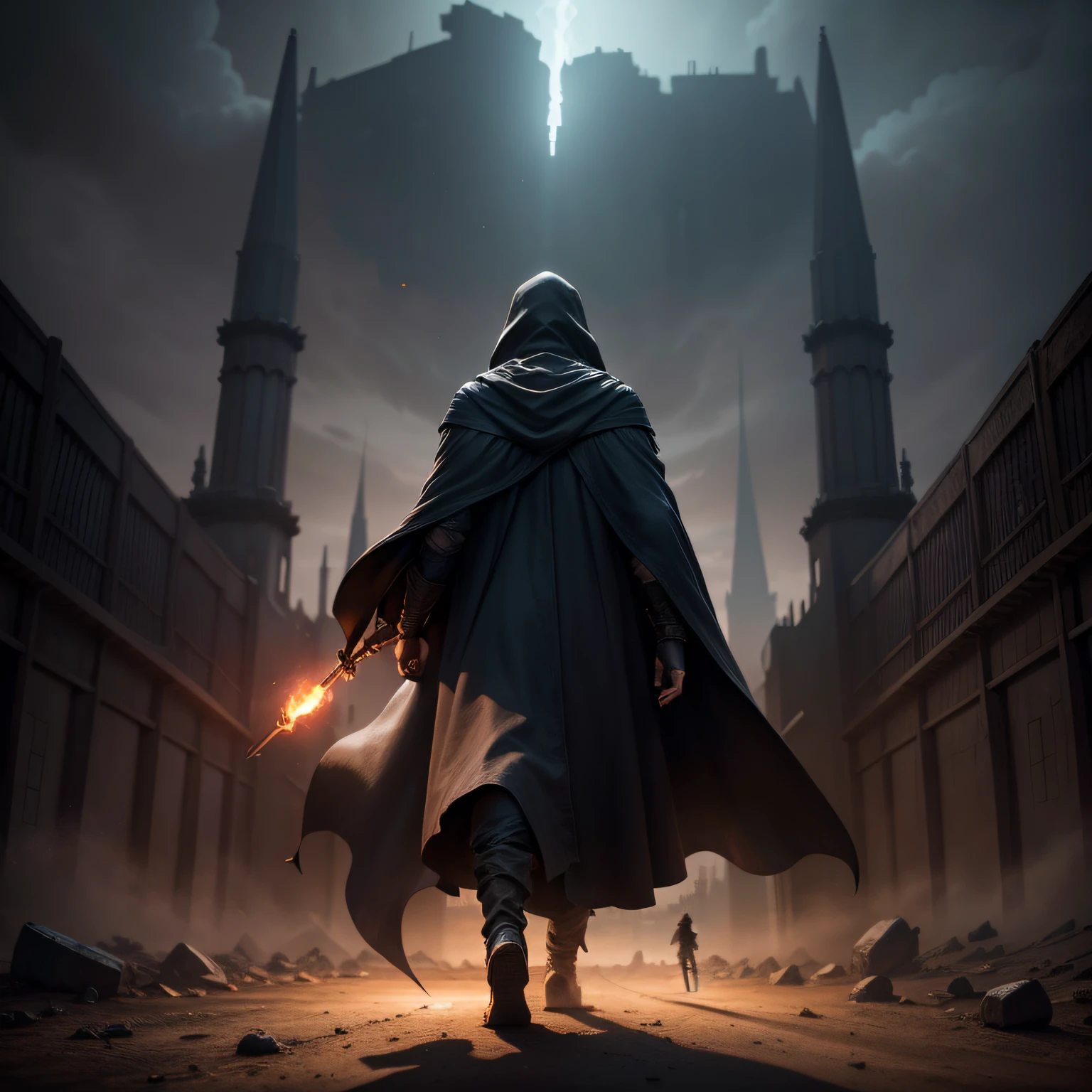 A mysterious figure in a cloak,,Wearing a cloak,Back Shadow,(Full body photo),Holding a torch,Wasteland wind,Latter-day world,game scenes,best qualtiy, 超高分辨率,Movie lighting