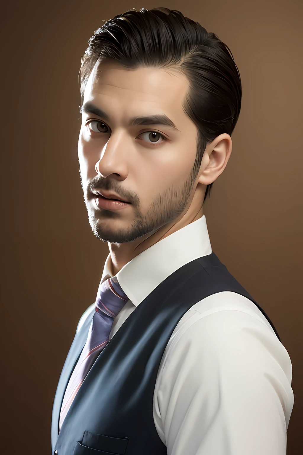 ，suit vest， 18k, {{Masterpiece}}, Best quality, High quality:1.4), simplebackground，brown background，，{{[[front look}}, Photo pose)]], very pretty look face, And very nice red eyes, 1人, Solo, Portrait of Habibnul Magomedov in a suit and tie, Beard, Serious, Details, Realistic, Photography, The background is blurred out, soft focus