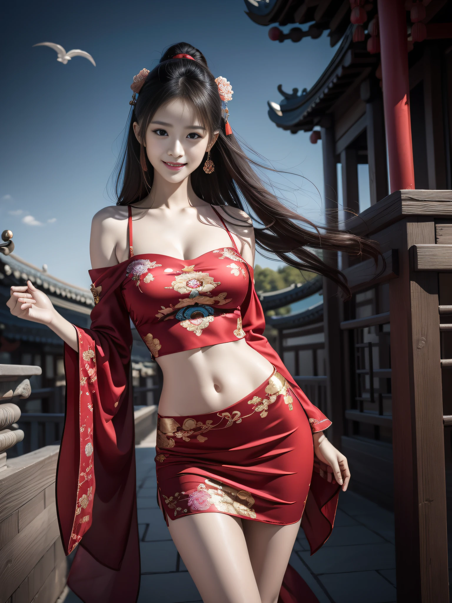 Official Art, Unified 8K Wallpapers, Ultra Detailed, Beautiful and Aesthetic, Masterpiece, Best Quality, (Zentangle, Tangle, Entangle), (fractal art: 1.4), 1girl, black hair, Chinese, bare shoulders, short skirt, calf, navel, very detailed, dynamic angle, cowboyshot, (most beautiful form chaos), flowing, (bright colors), oc, (half: 1.2), china, (thangka flying sky: 1.5), (ribbon: 1.3), (dream: 1.5), (hanfu: 1.5), Chinese dragon, Chinese phoenix, (smile: 0.5), (Chinese deity),