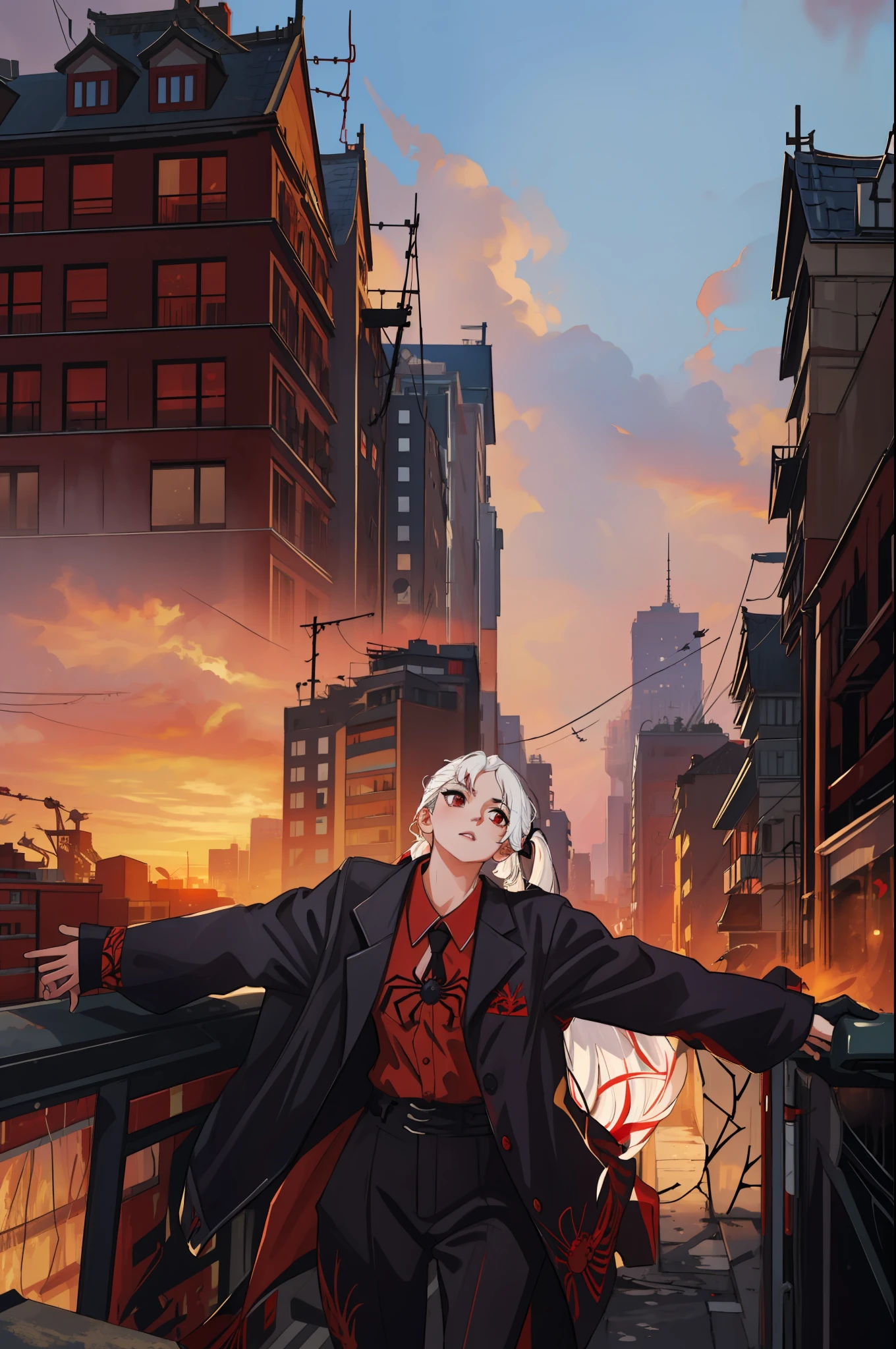 (masterpiece, best quality),  intricate details, 8k, artstation, wallpaper, official art, splash art, sharp focus,
1girl,  Nakiri Ayame, long hair, twintails,  red eyes, white hair, 
 spider suit, spider web print, spider web,  
skyscrappers, city, buildings, cars, street,