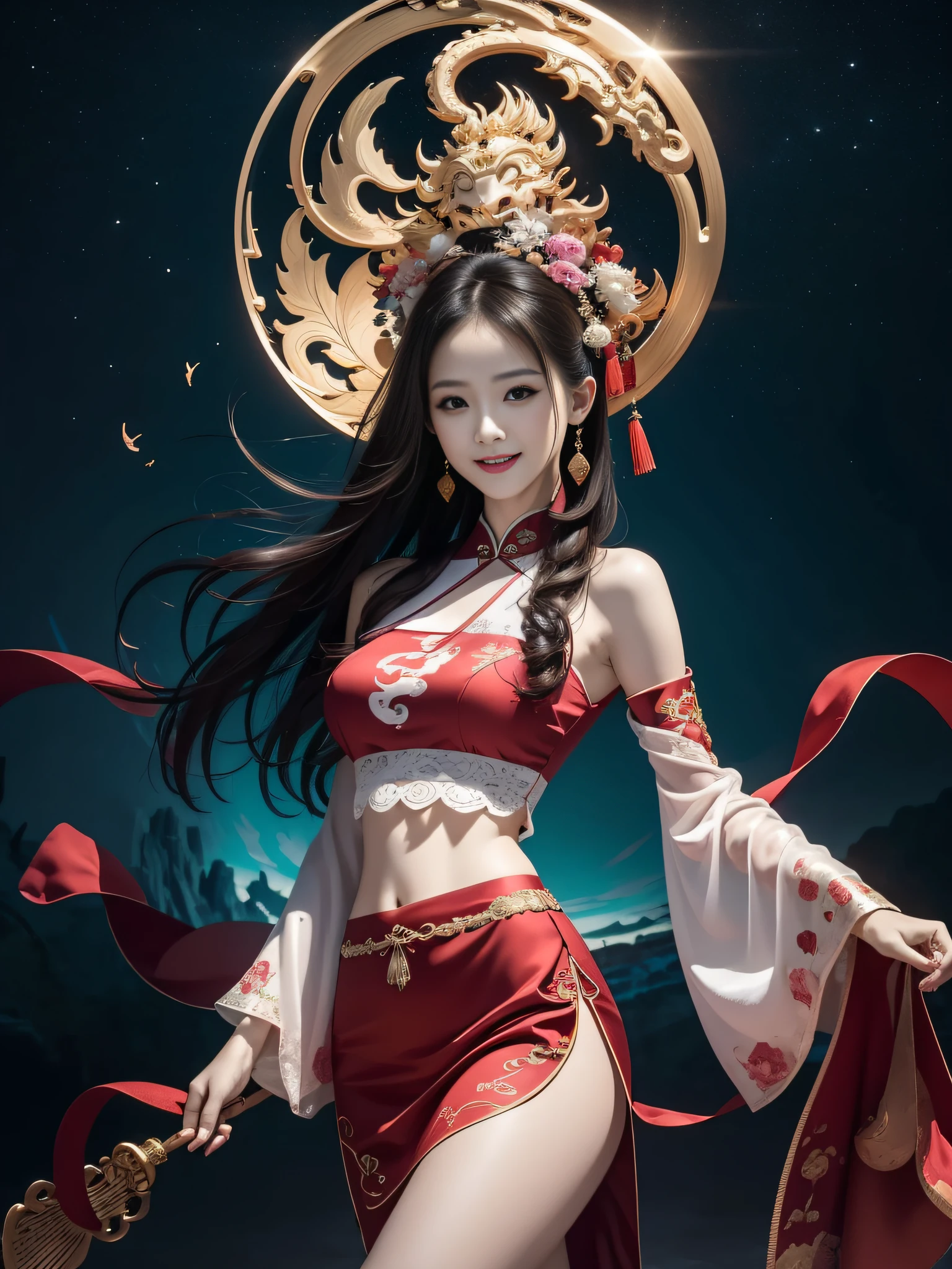 Official Art, Unified 8K Wallpapers, Ultra Detailed, Beautiful and Aesthetic, Masterpiece, Best Quality, (Zentangle, Tangle, Entangle), (fractal art: 1.4), 1girl, black hair, Chinese, bare shoulders, short skirt, calf, navel, very detailed, dynamic angle, cowboyshot, (most beautiful form chaos), flowing, (bright colors), oc, (half: 1.2), china, (thangka flying sky: 1.5), (ribbon: 1.3), (dream: 1.5), (hanfu: 1.5), Chinese dragon, Chinese phoenix, (smile: 0.5), (Chinese deity),